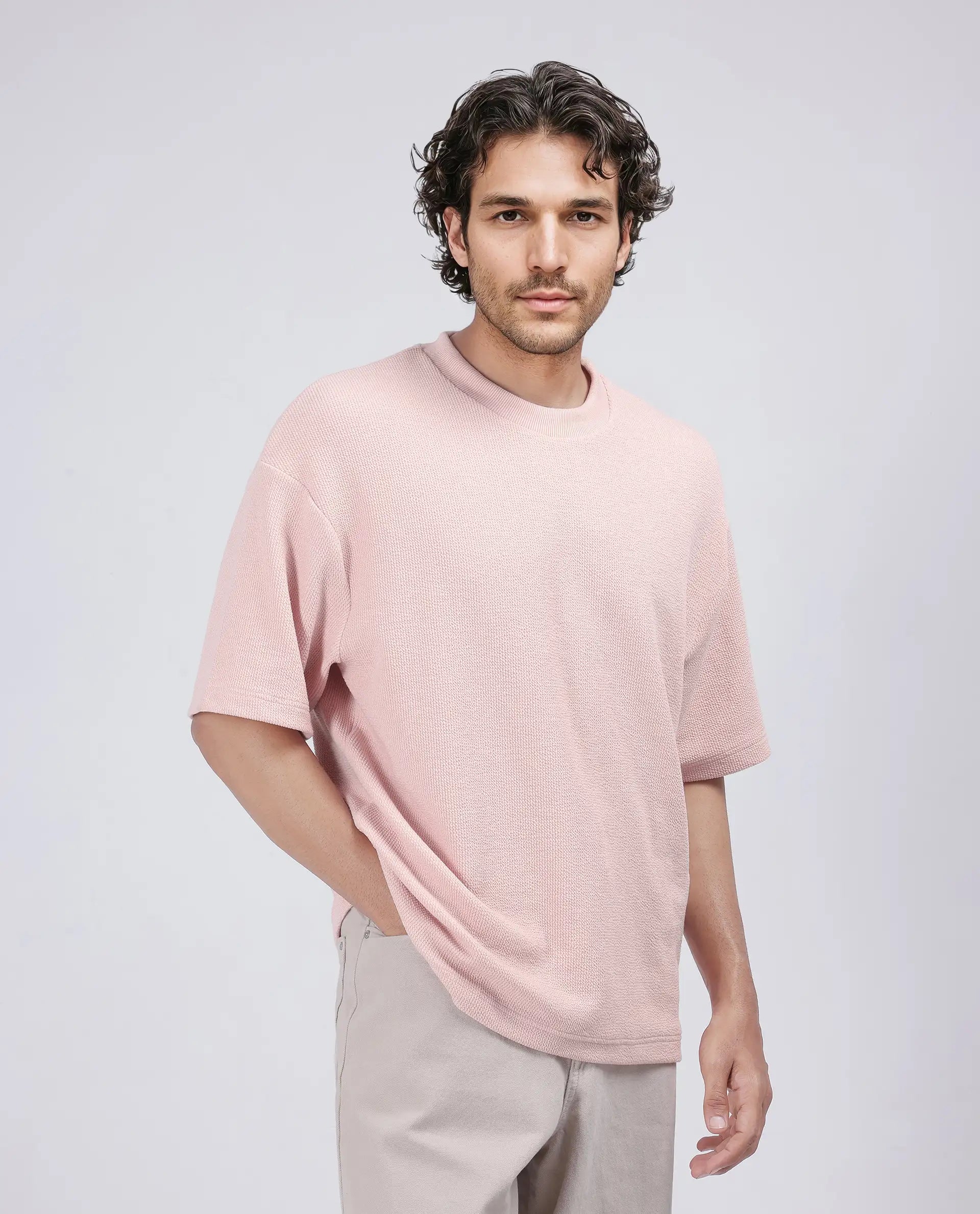 Rare Rabbit Men Phix Light Pink Poly Blend Fabric Short Sleeve Crew Neck Textured T-Shirt