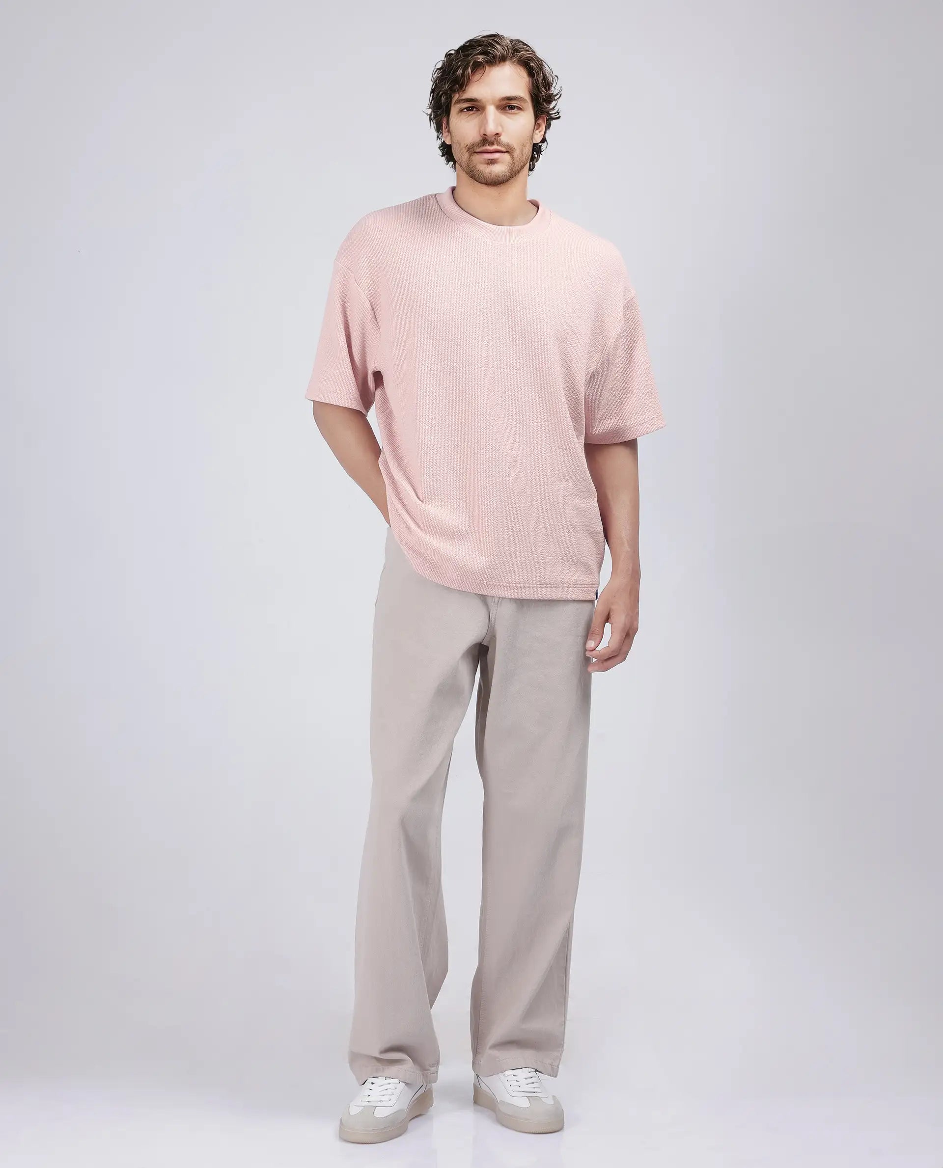 Rare Rabbit Men Phix Light Pink Poly Blend Fabric Short Sleeve Crew Neck Textured T-Shirt