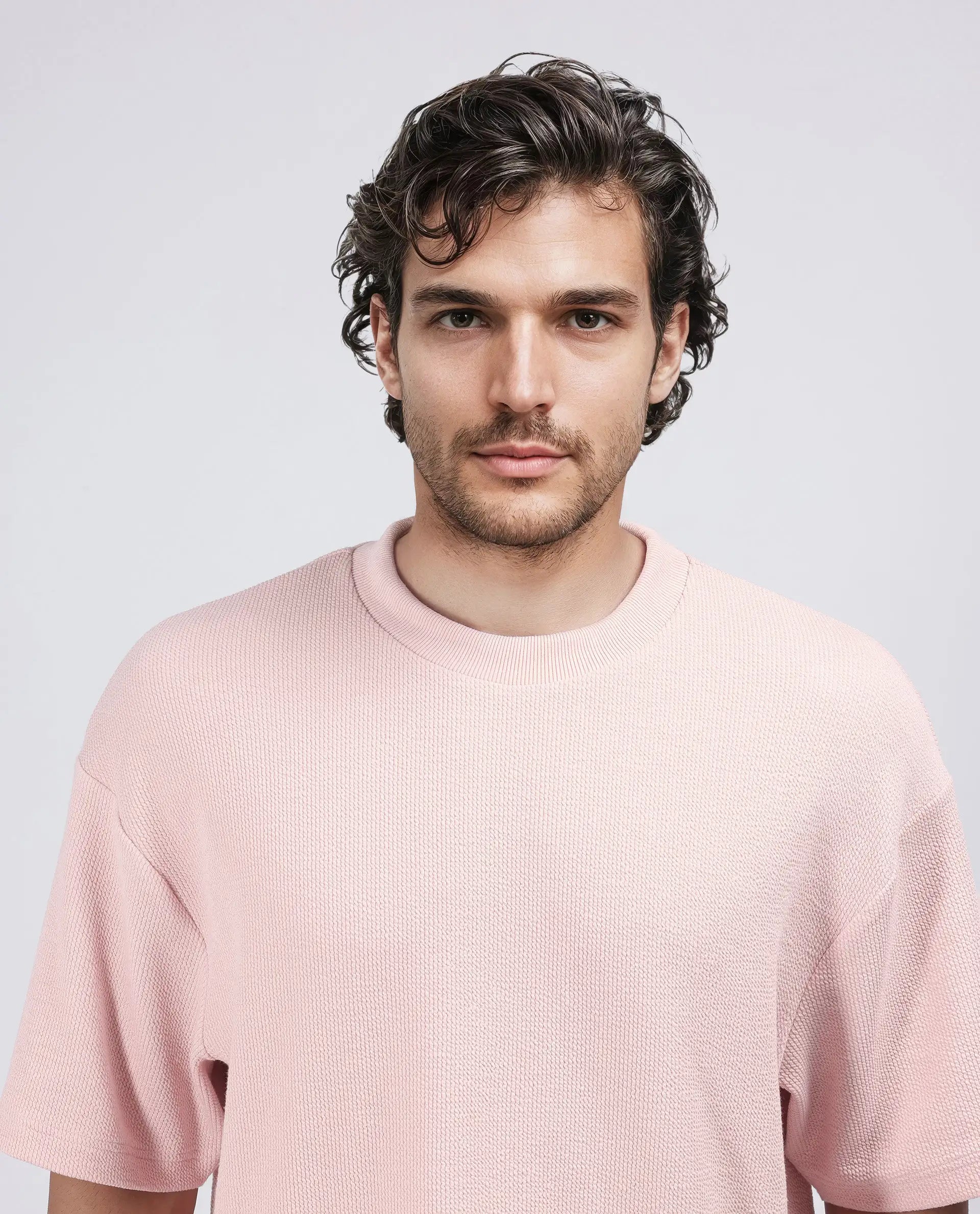 Rare Rabbit Men Phix Light Pink Poly Blend Fabric Short Sleeve Crew Neck Textured T-Shirt