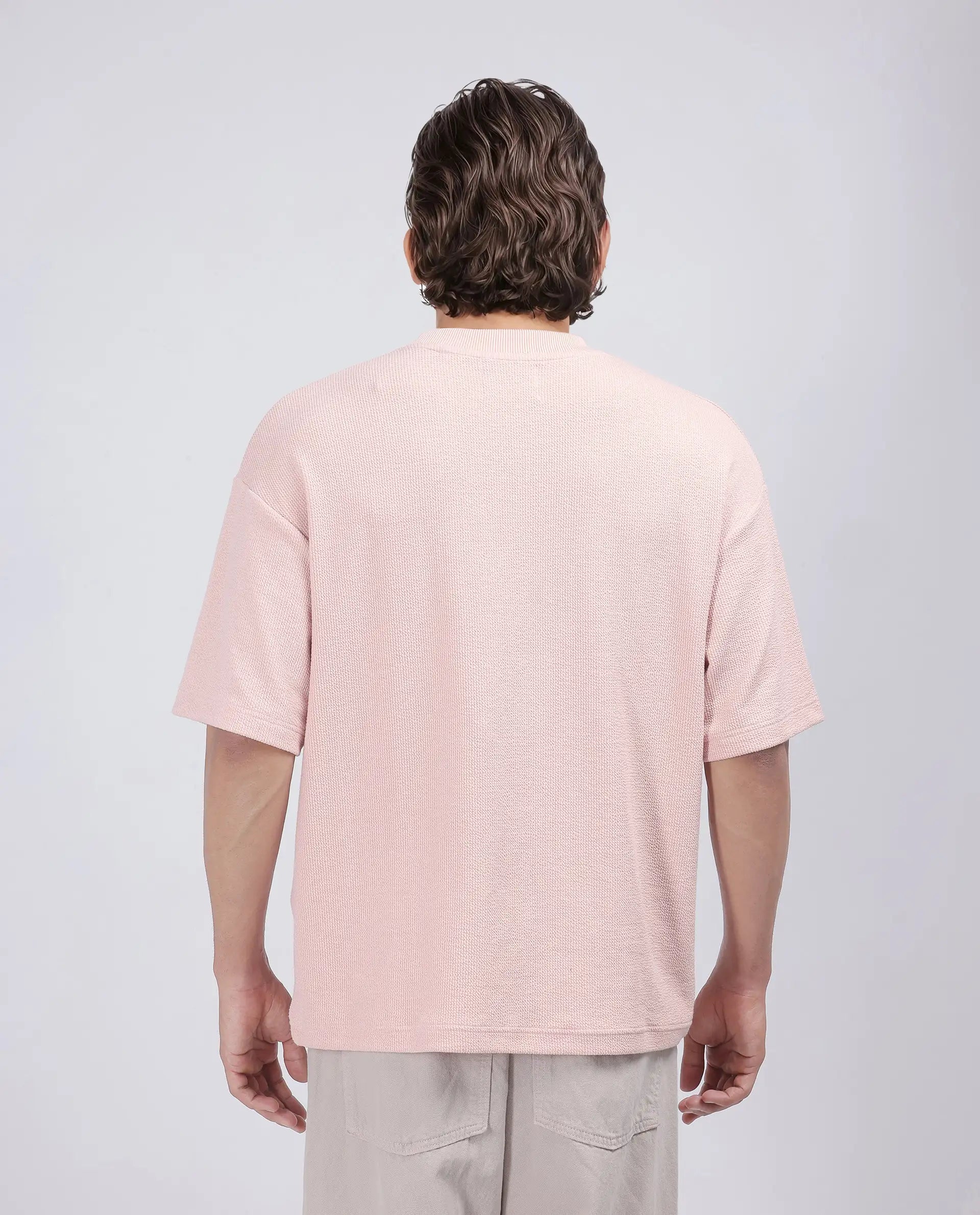 Rare Rabbit Men Phix Light Pink Poly Blend Fabric Short Sleeve Crew Neck Textured T-Shirt