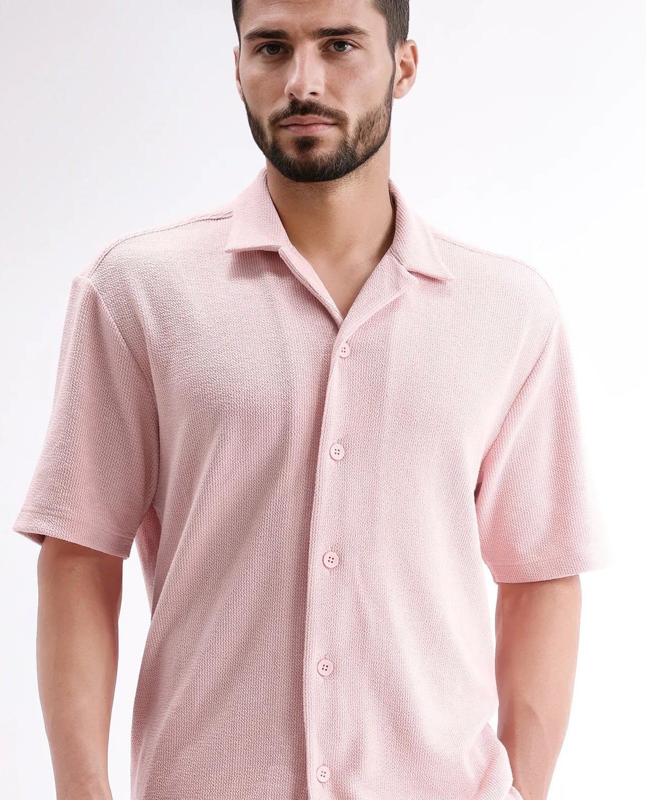 Rare Rabbit Men's Phixo Light Pink Cotton Plain Relaxed Fit Half Sleeve Cuban Collar Shirt