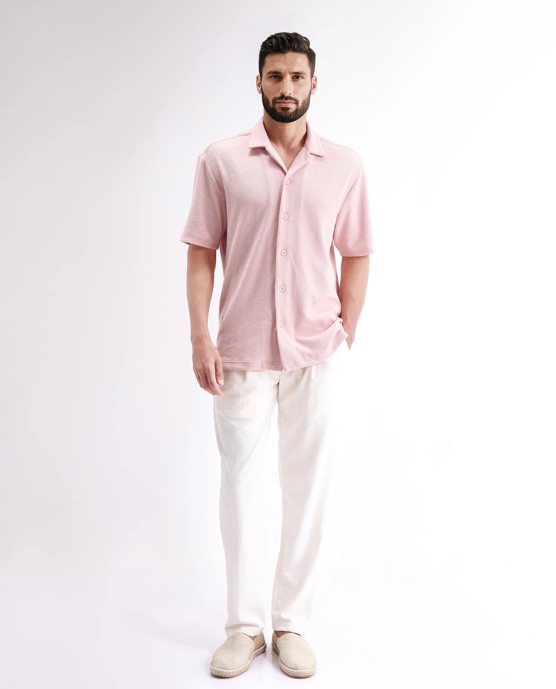 Rare Rabbit Men's Phixo Light Pink Cotton Plain Relaxed Fit Half Sleeve Cuban Collar Shirt
