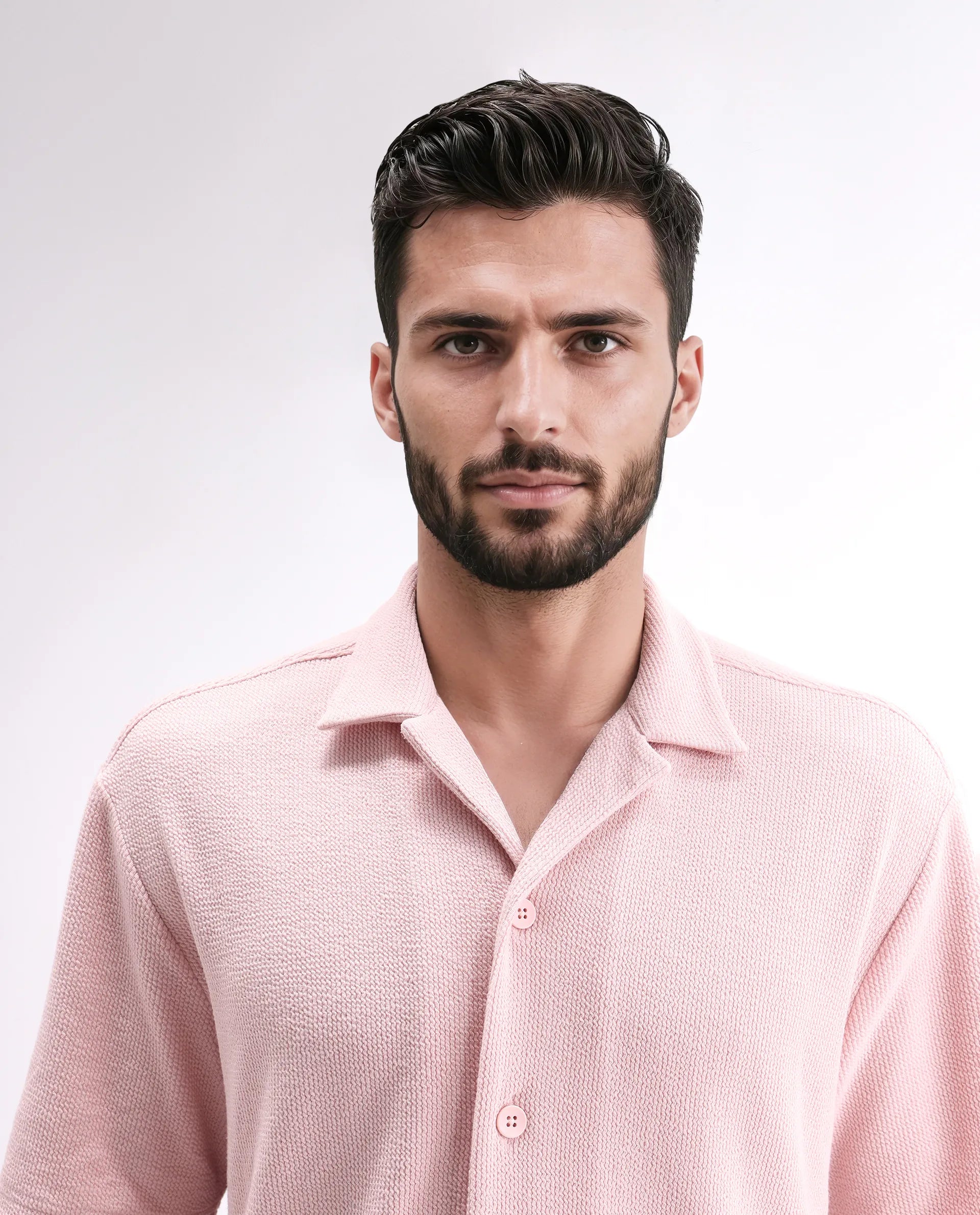 Rare Rabbit Men's Phixo Light Pink Cotton Plain Relaxed Fit Half Sleeve Cuban Collar Shirt