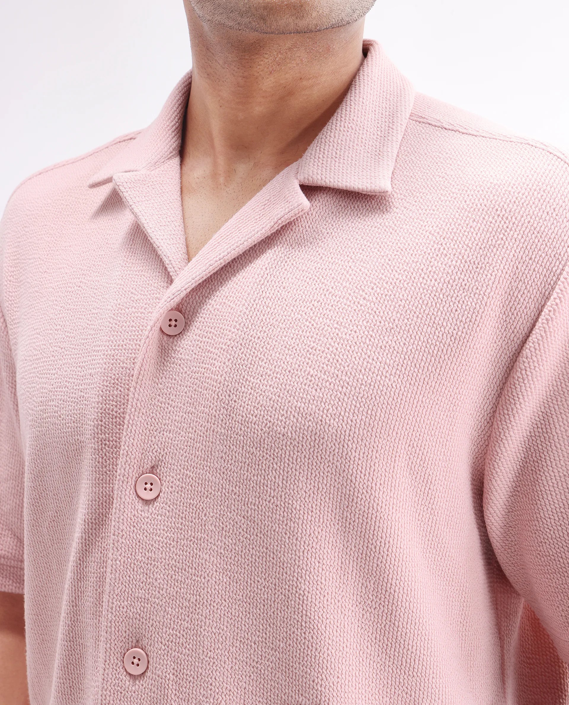 Rare Rabbit Men's Phixo Light Pink Cotton Plain Relaxed Fit Half Sleeve Cuban Collar Shirt