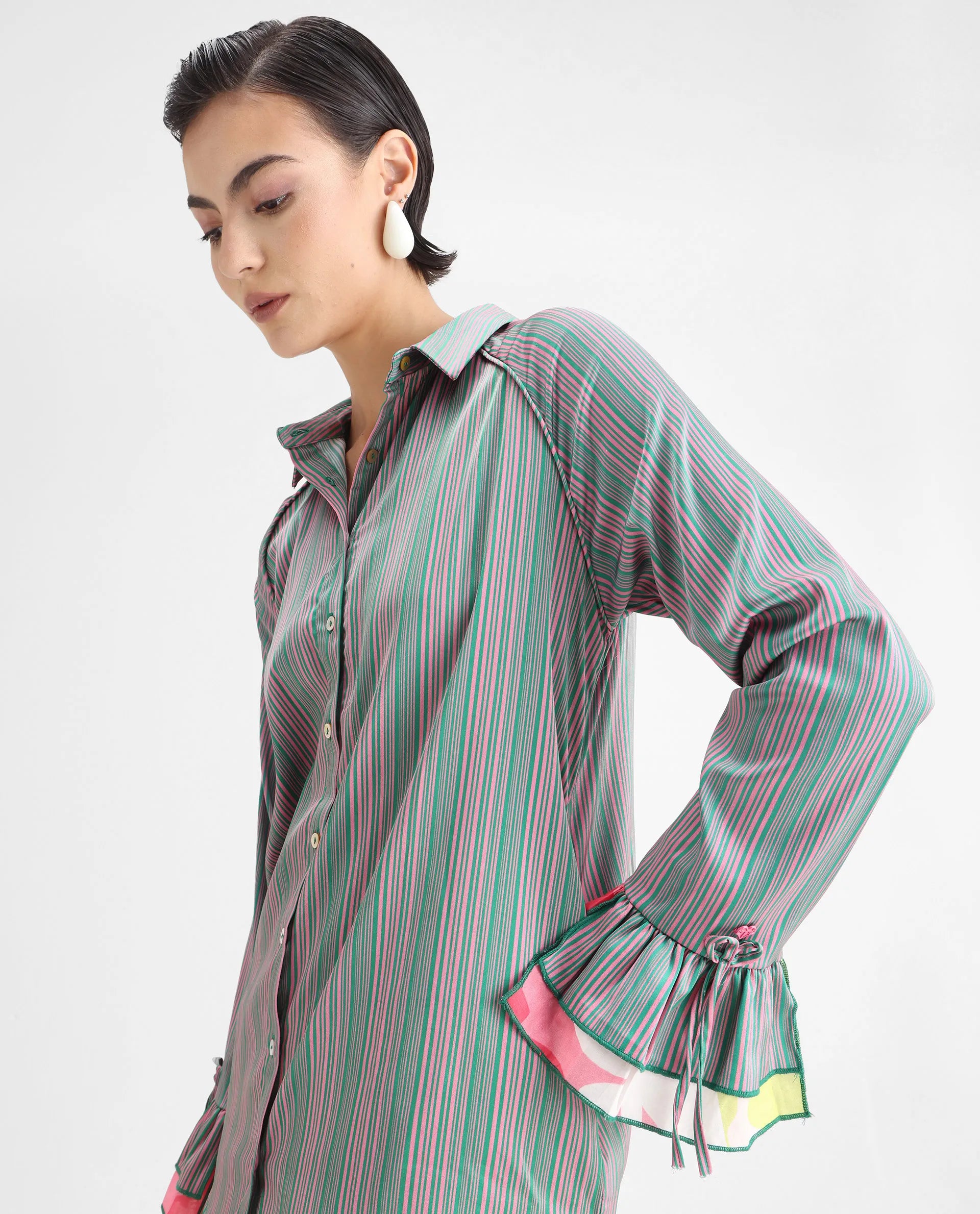 Rareism Women's Phyre Pink Polyester Spread Collar Striped Ruffled Sleeve Regular Fit Top