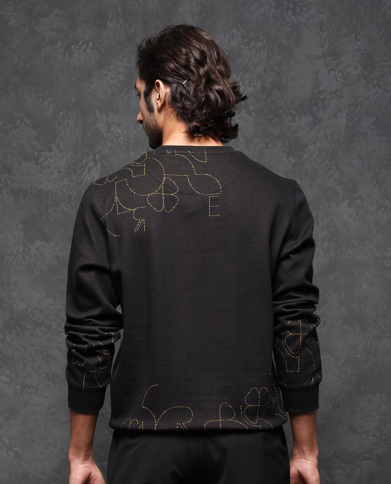 Rare Rabbit Men's Planes Black Cotton Fabric Full Sleeves Graphic Logo Embroidery Sweatshirt