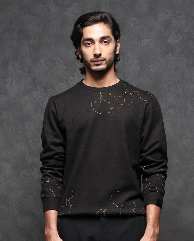 RARE RABBIT MENS PLANES BLACK SWEATSHIRT COTTON FABRIC ROUND NECK KNITTED FULL SLEEVES COMFORTABLE FIT