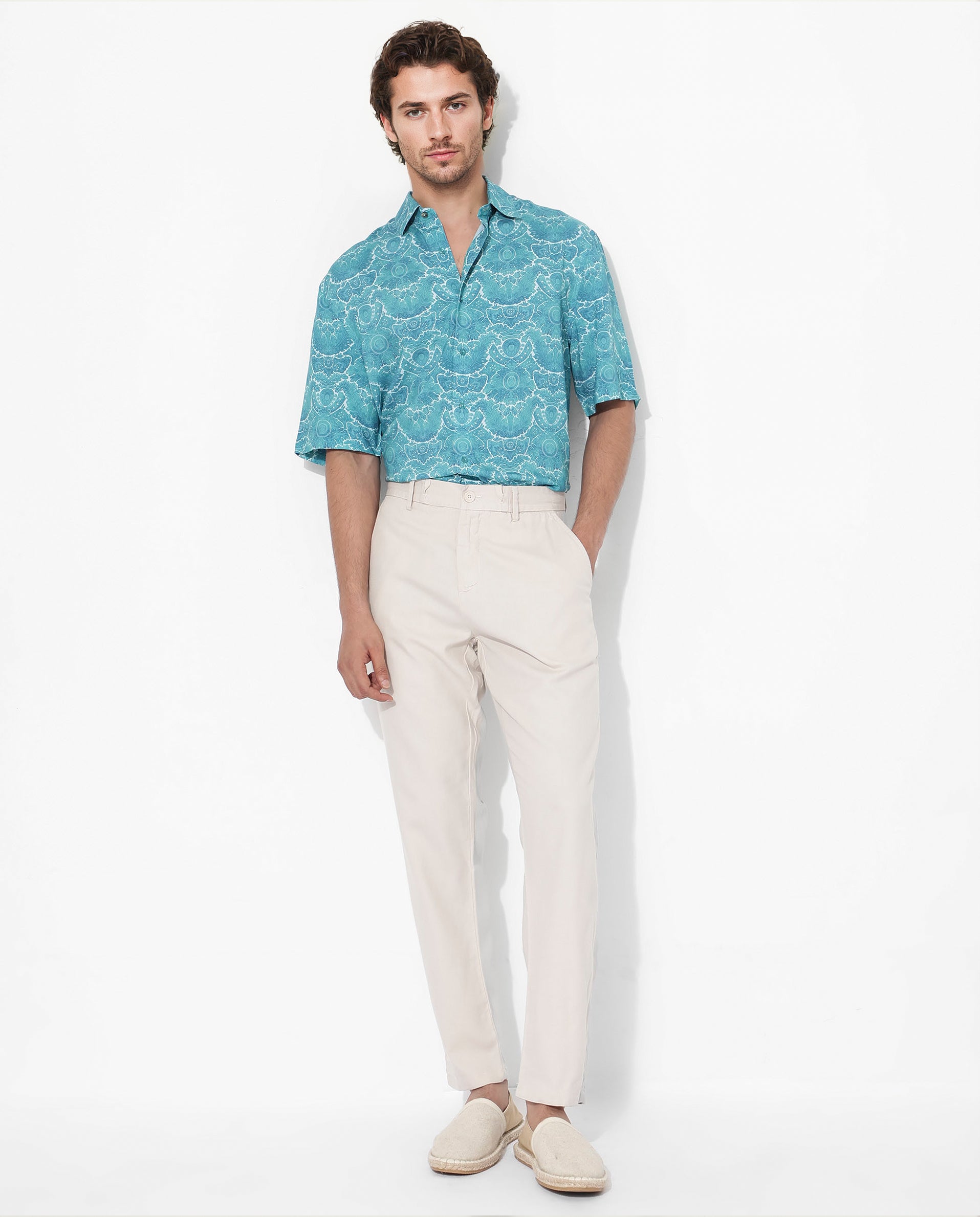 Rare Rabbit Men's Picano Dark Turq Viscose Fabric Short Sleeve Abstract Floral Print Shirt