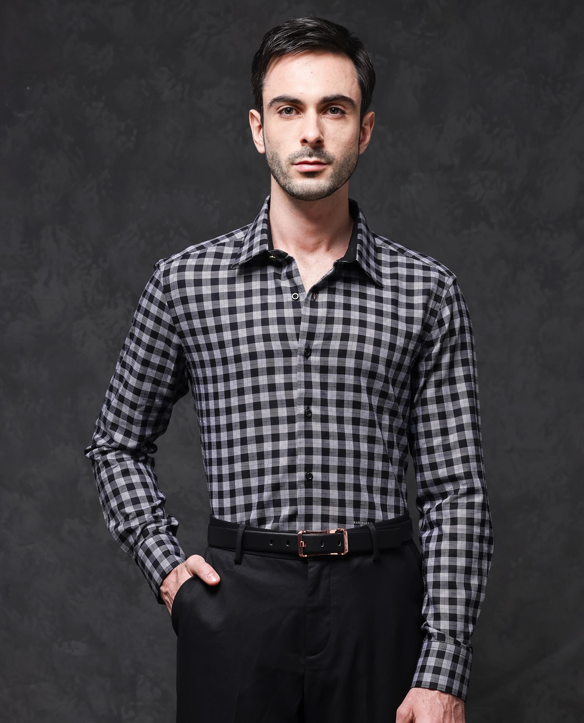Rare Rabbit Mens Pictor Black Full Sleeve Regular Collar Cotton Premium Check Shirt