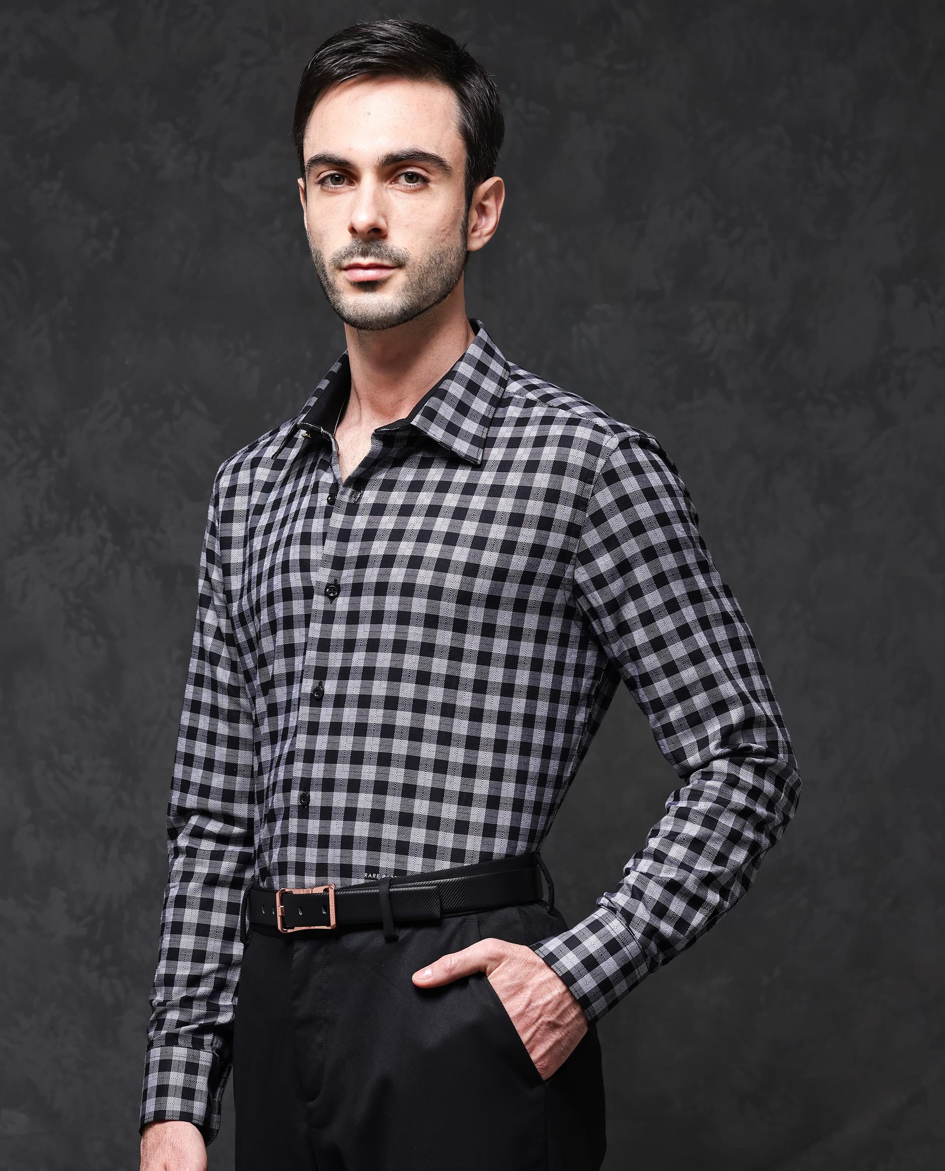 Rare Rabbit Mens Pictor Black Full Sleeve Regular Collar Cotton Premium Check Shirt