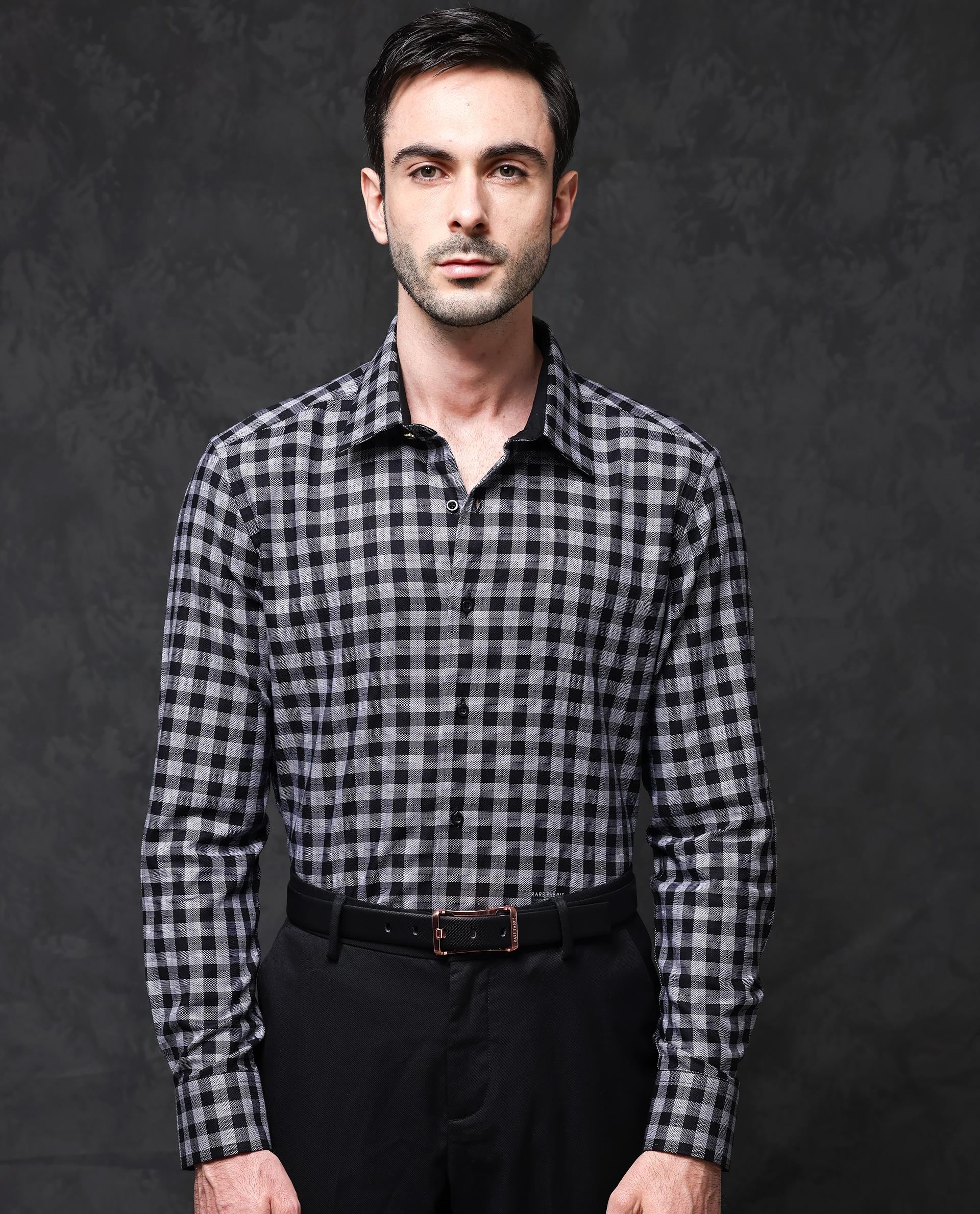 Rare Rabbit Mens Pictor Black Full Sleeve Regular Collar Cotton Premium Check Shirt