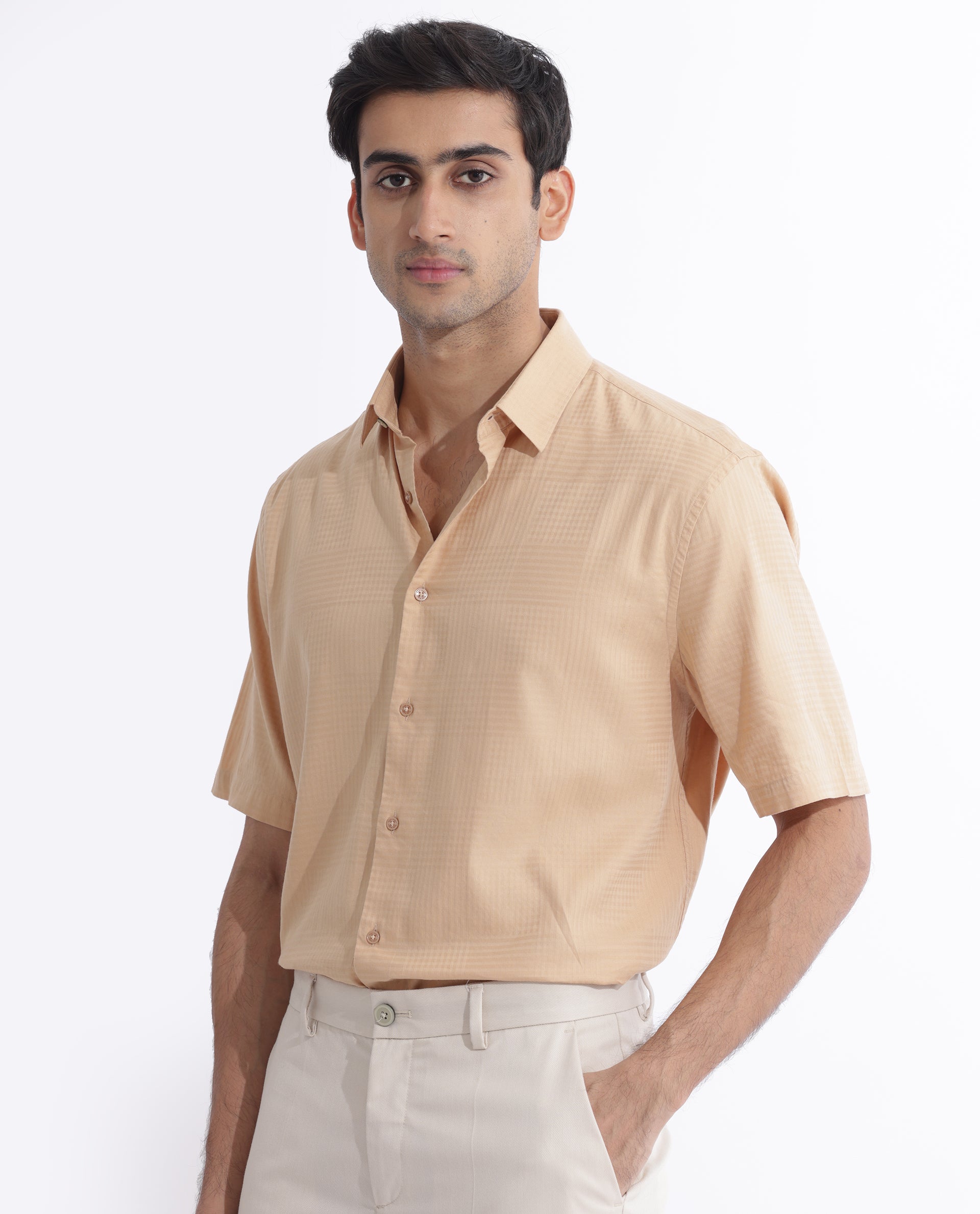 Rare Rabbit Men's Pied Beige Cotton Lyocell Fabric Half Sleeves Gingham Checks Shirt