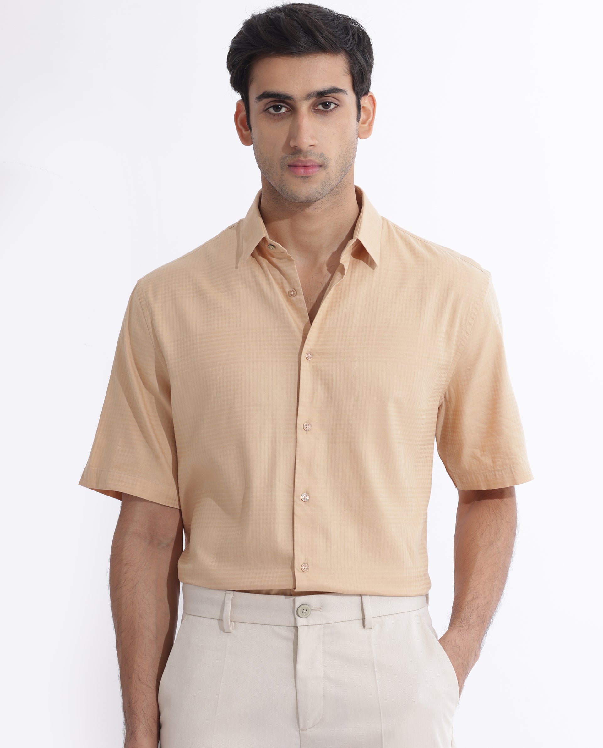 Rare Rabbit Men's Pied Beige Cotton Lyocell Fabric Half Sleeves Gingham Checks Shirt