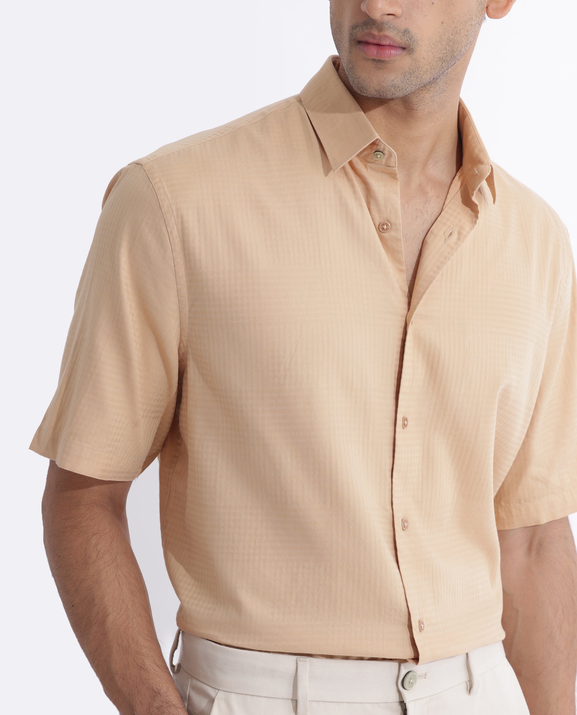 Rare Rabbit Men's Pied Beige Cotton Lyocell Fabric Half Sleeves Gingham Checks Shirt