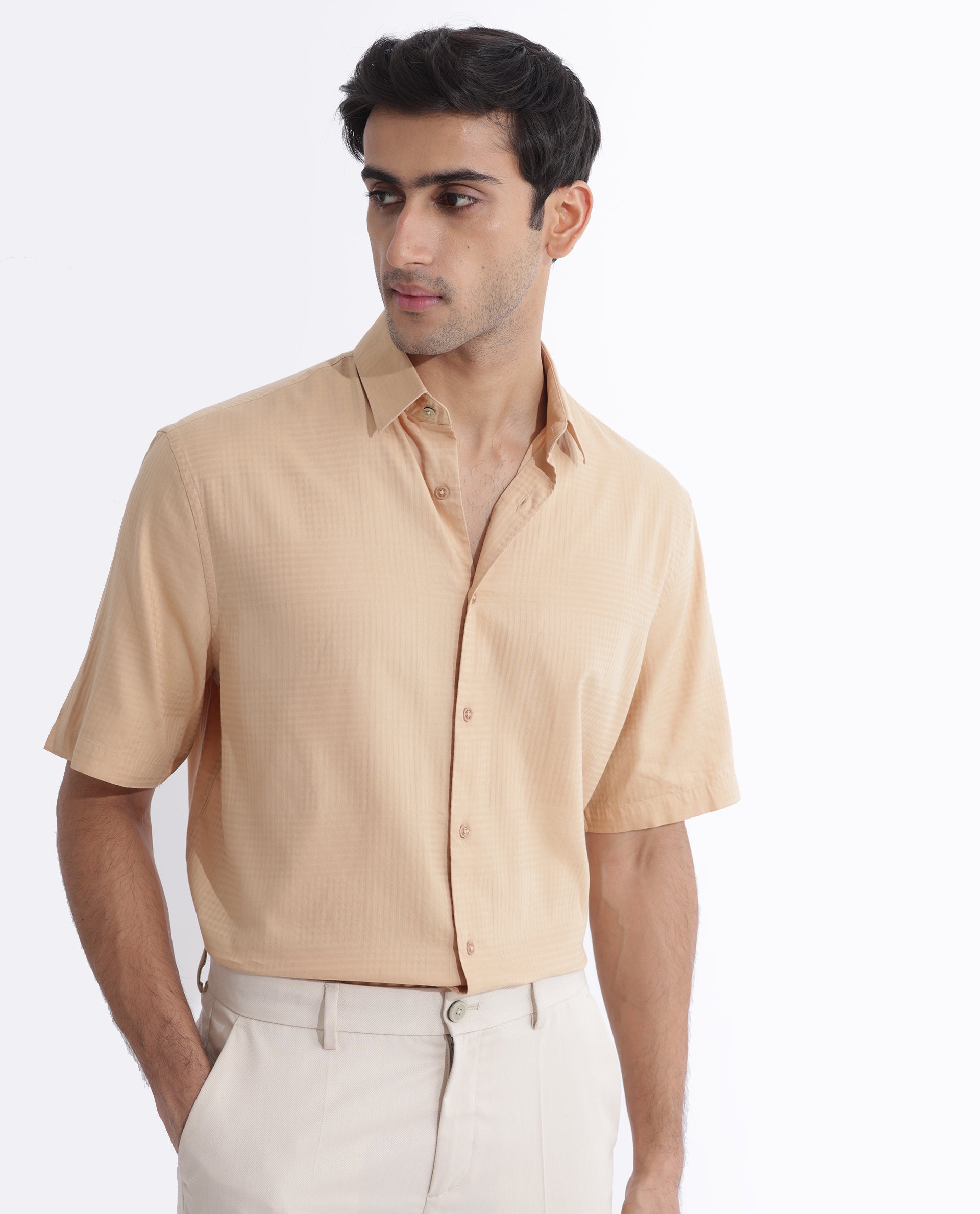 Rare Rabbit Men's Pied Beige Cotton Lyocell Fabric Half Sleeves Gingham Checks Shirt