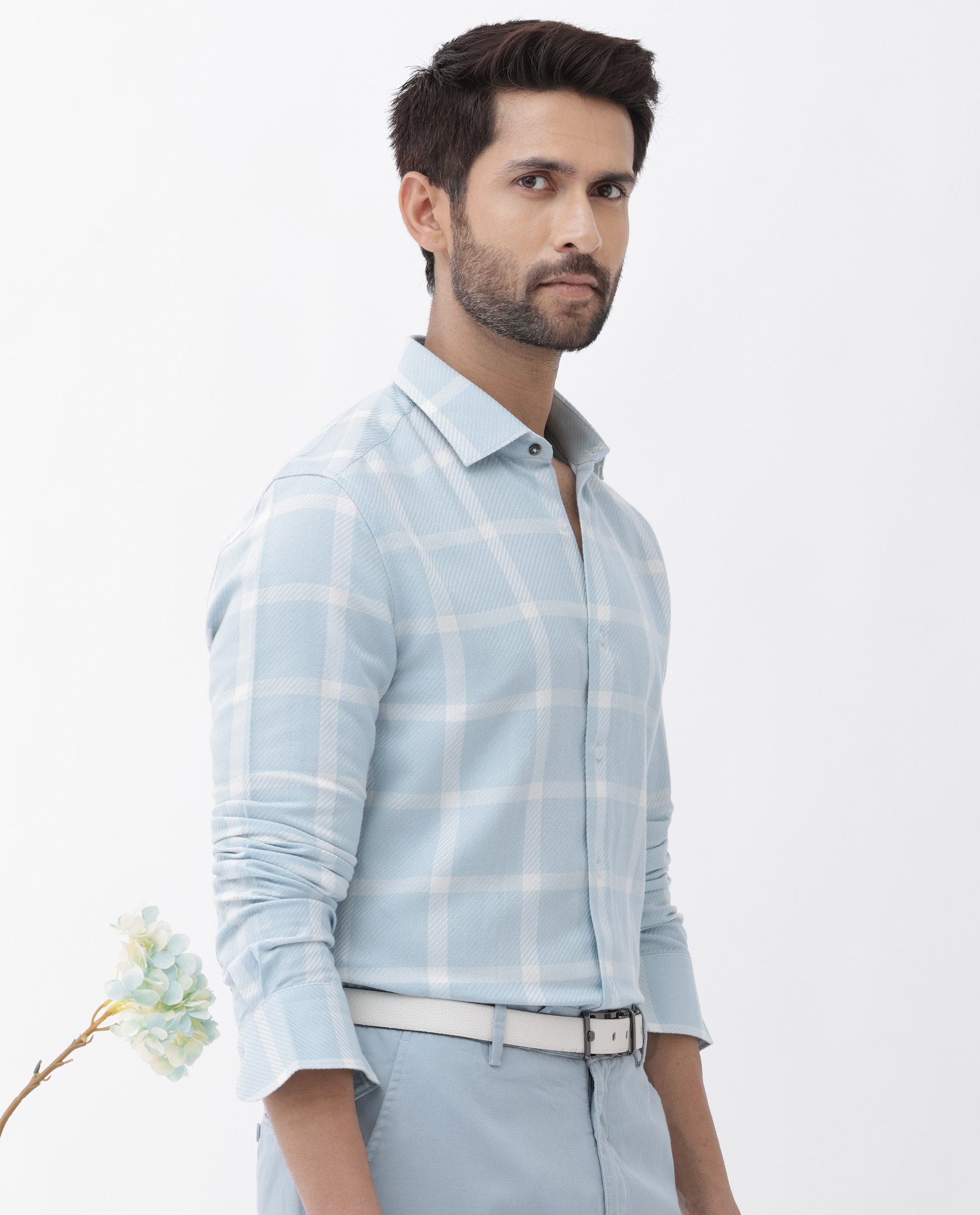 Rare Rabbit Mens Pierce Light Blue Cotton Viscose Fabric Full Sleeves Checks Shirt