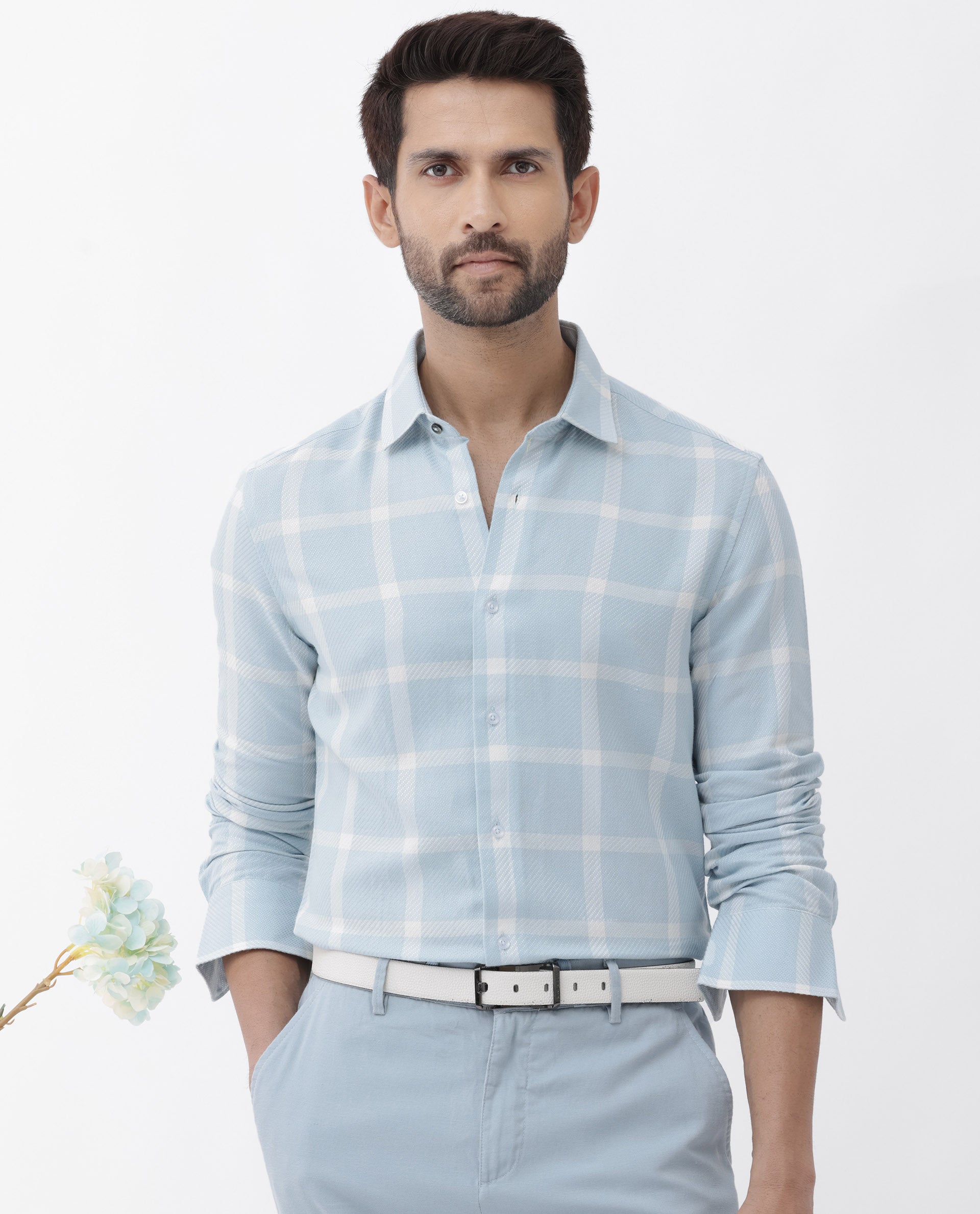 Rare Rabbit Mens Pierce Light Blue Cotton Viscose Fabric Full Sleeves Checks Shirt