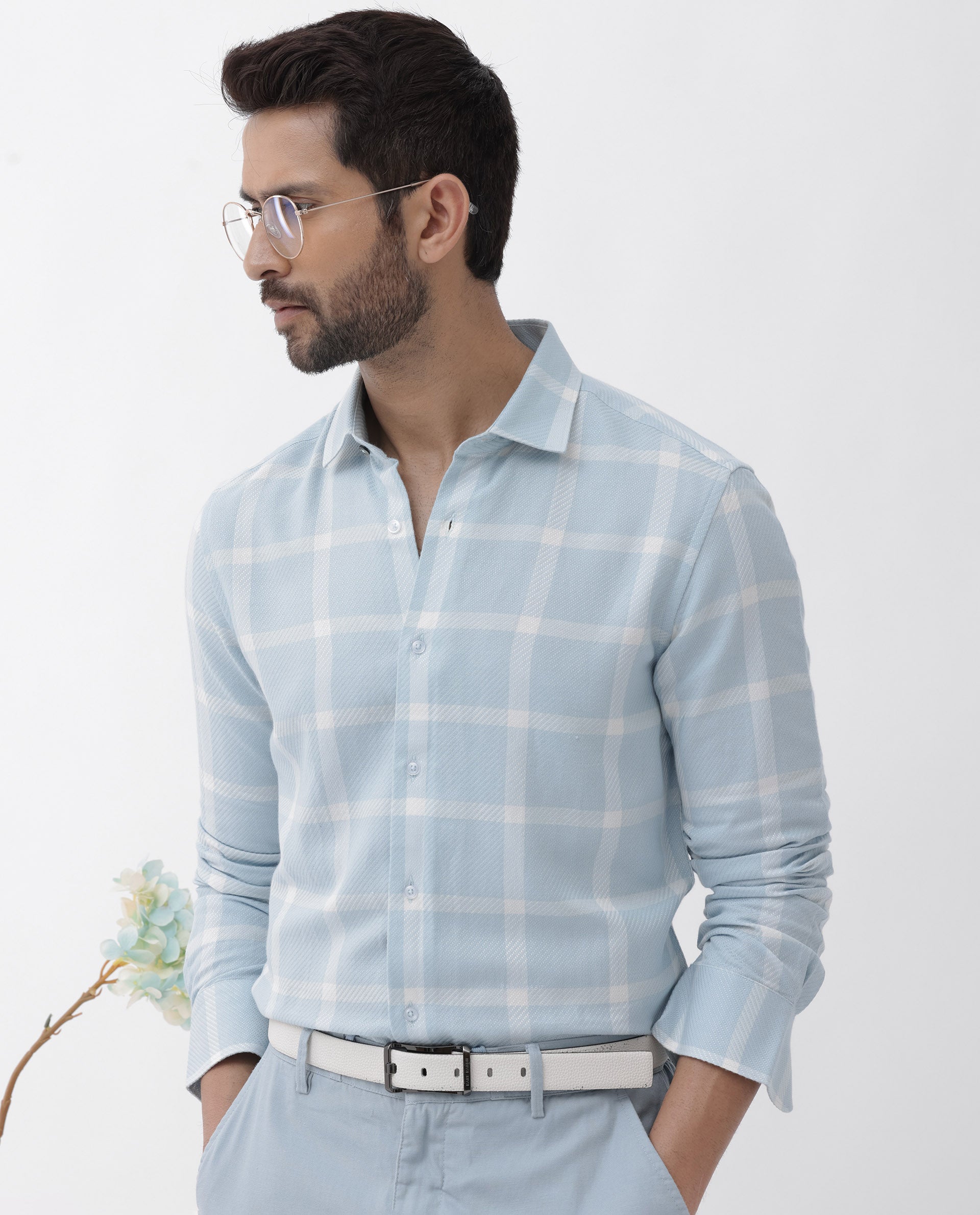 Rare Rabbit Mens Pierce Light Blue Cotton Viscose Fabric Full Sleeves Checks Shirt