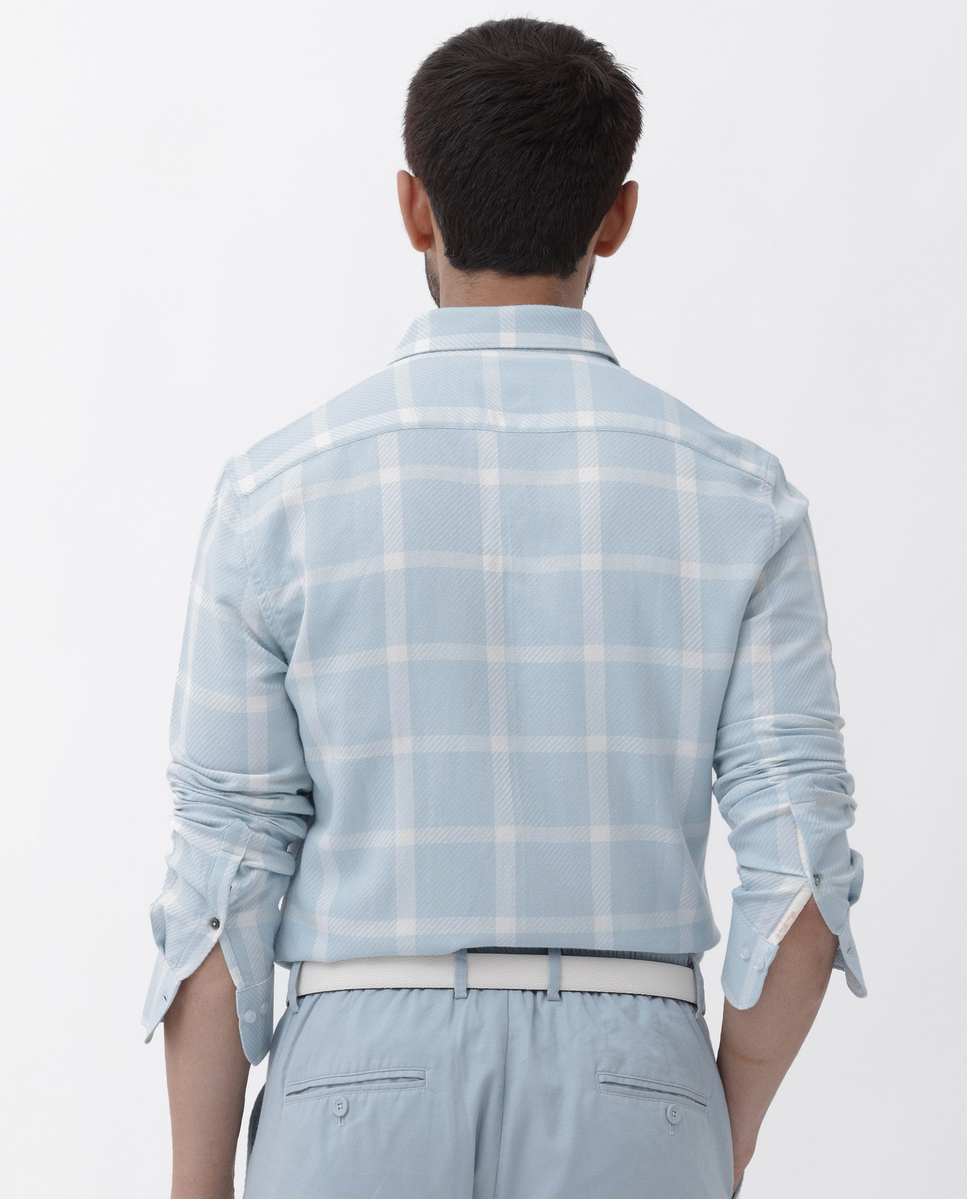 Rare Rabbit Mens Pierce Light Blue Cotton Viscose Fabric Full Sleeves Checks Shirt