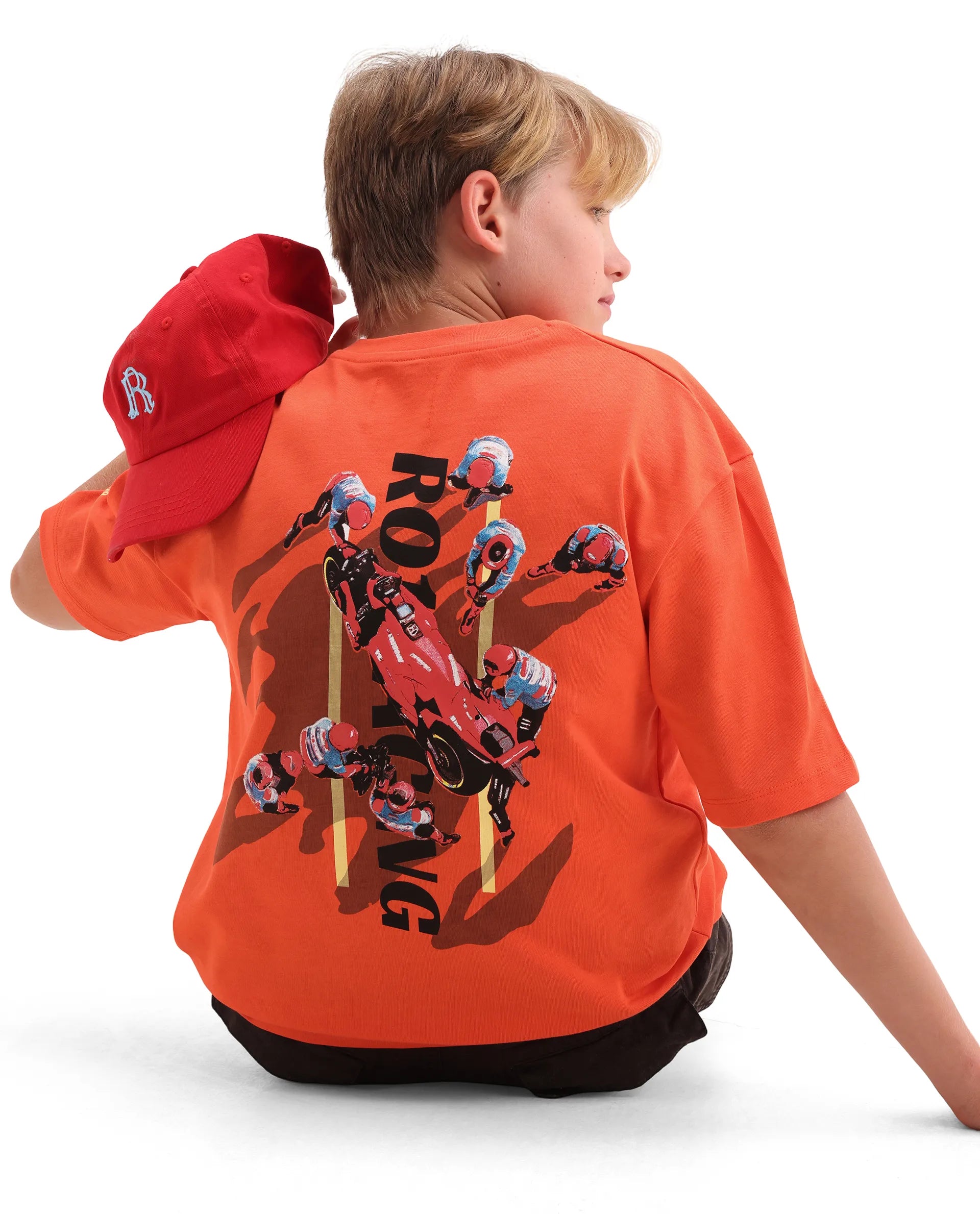 Rare Ones Kids Pite Orange Cotton Pull-On Closure Puff Print Oversized Fit T-Shirt