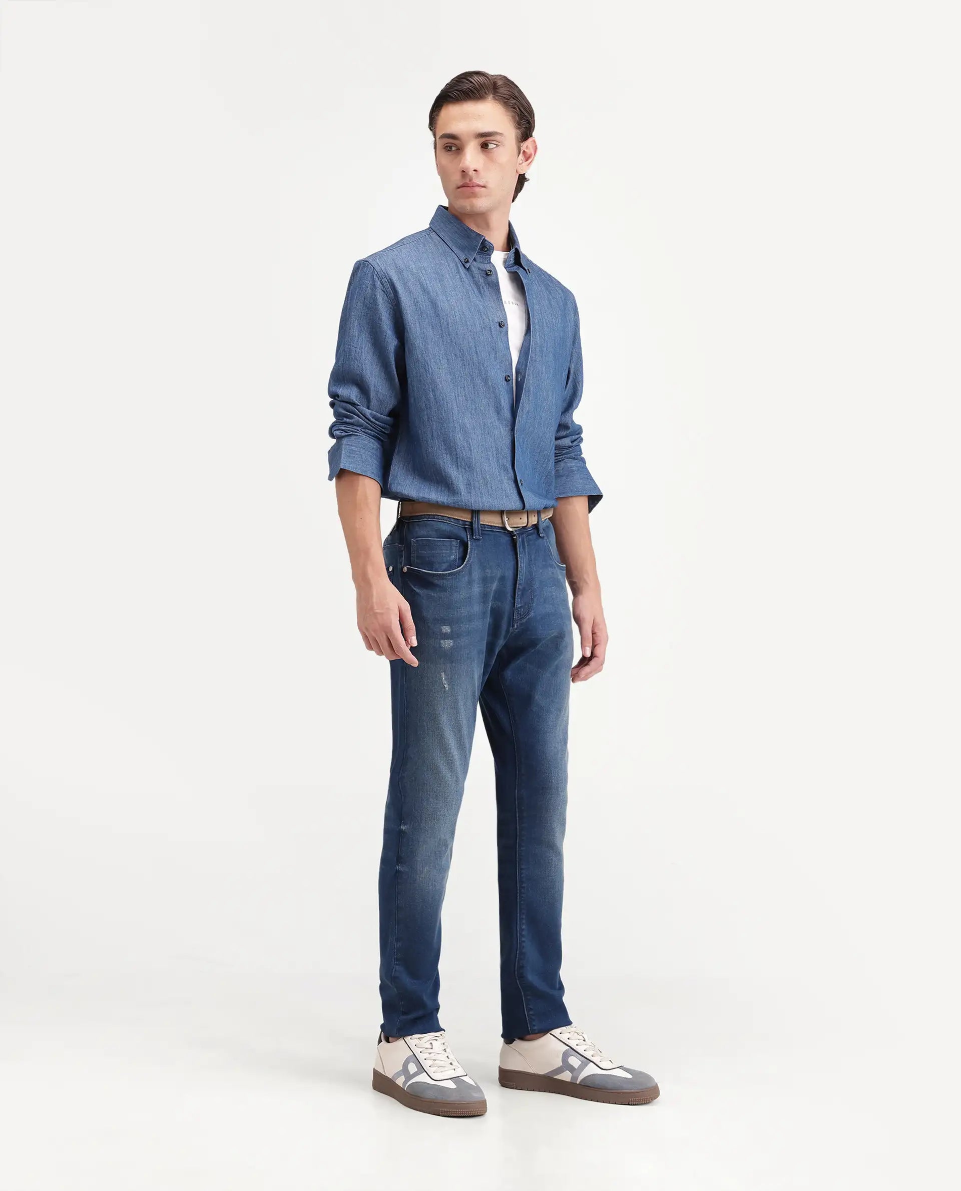 Rare Rabbit Men's Pine 1 Blue Cotton Blend Hawk Slim Plain Jeans