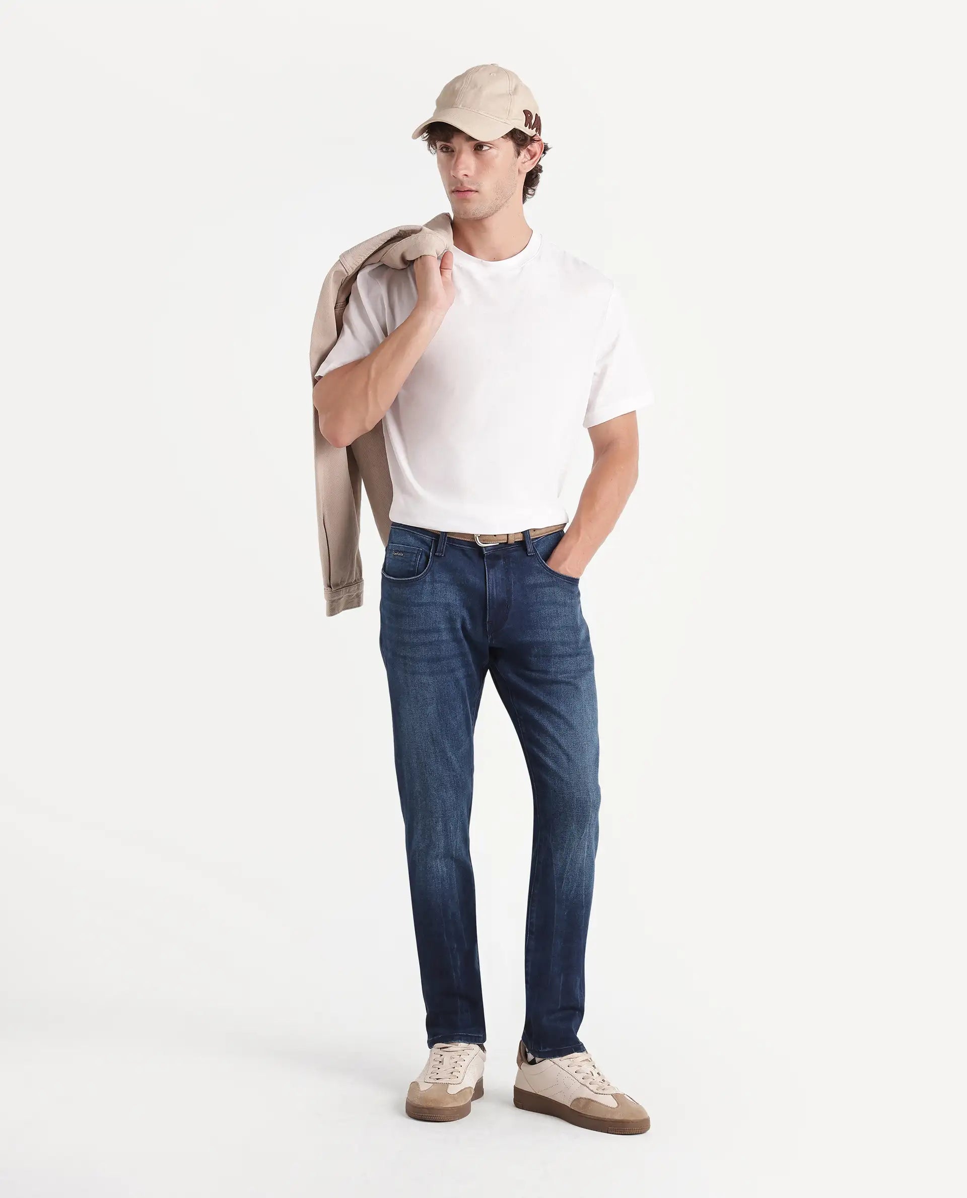 Rare Rabbit Men's Pine Dark Navy Cotton Blend Hawk Slim Plain Jeans
