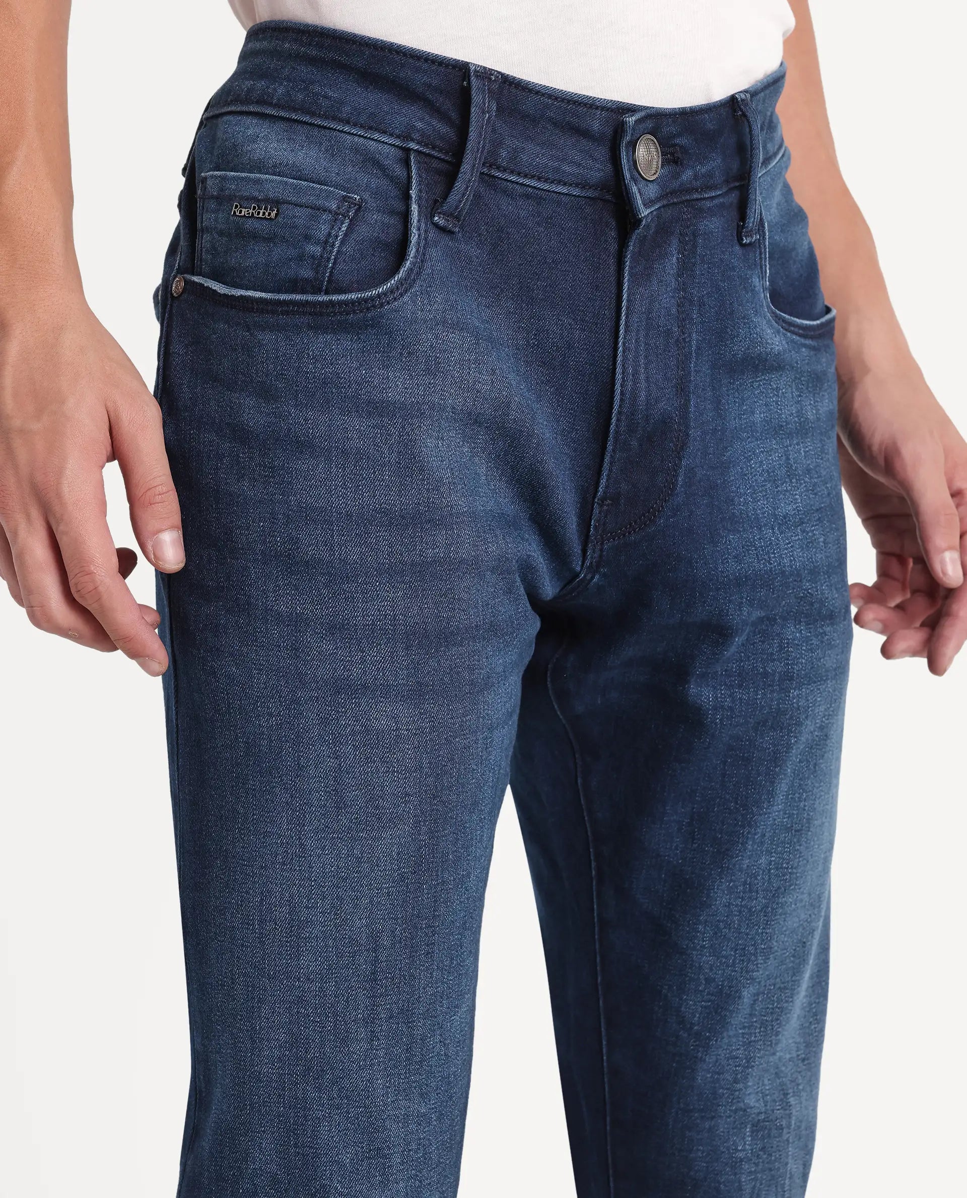 Rare Rabbit Men's Pine Dark Navy Cotton Blend Hawk Slim Plain Jeans