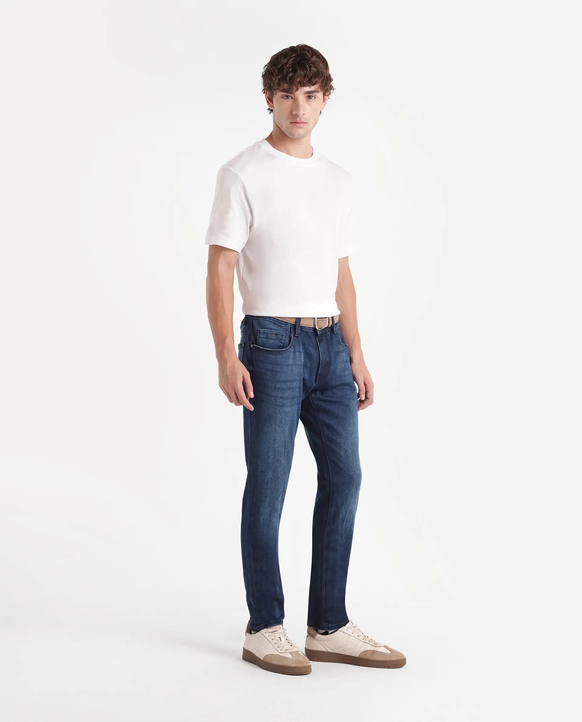 Rare Rabbit Men's Pine Dark Navy Cotton Blend Hawk Slim Plain Jeans
