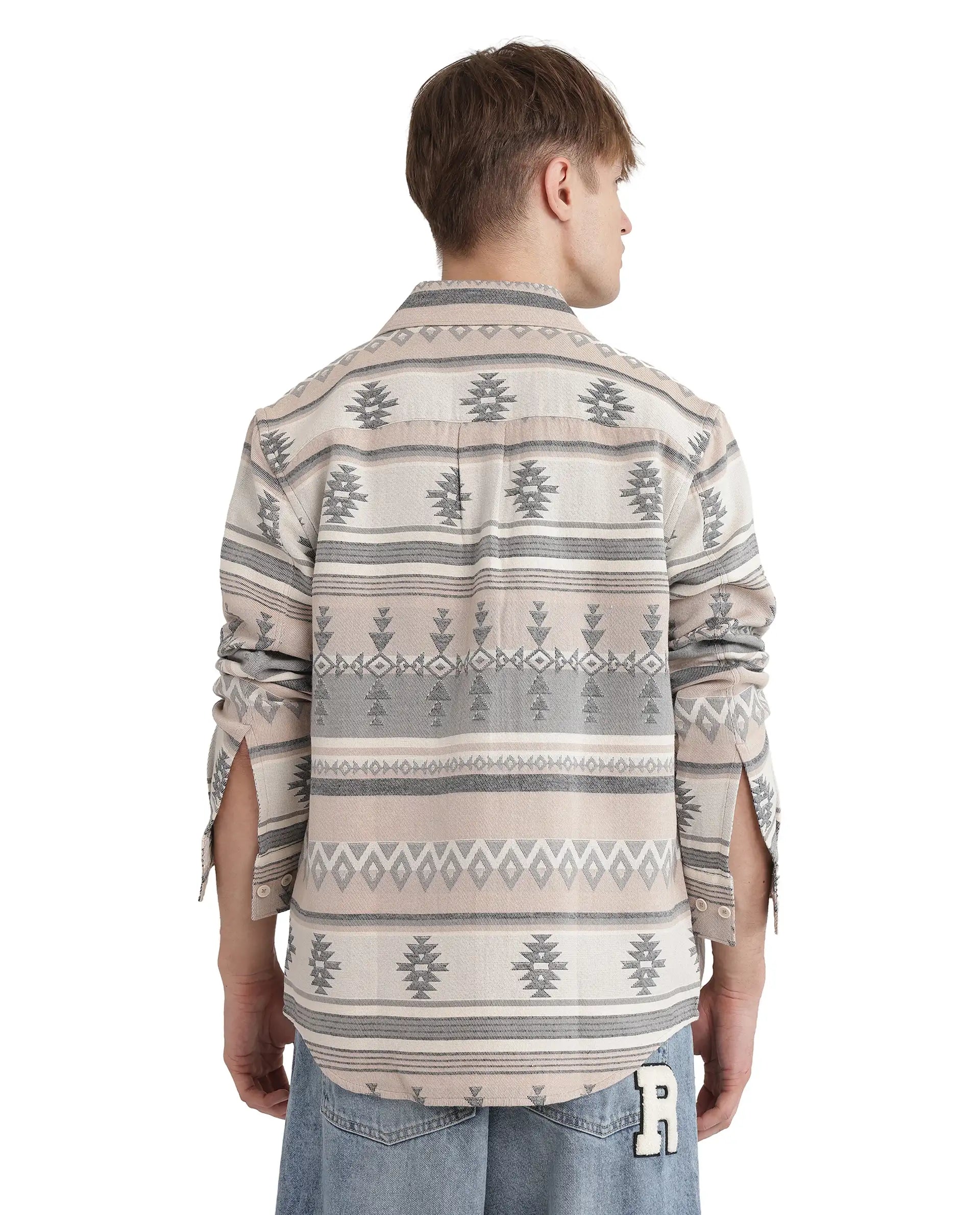 Rare Rabbit Men's Pinter Beige Cotton Blend Fabric Full Sleeve Regular Collared Button Closure Relaxed Fit Jacquard Shirt