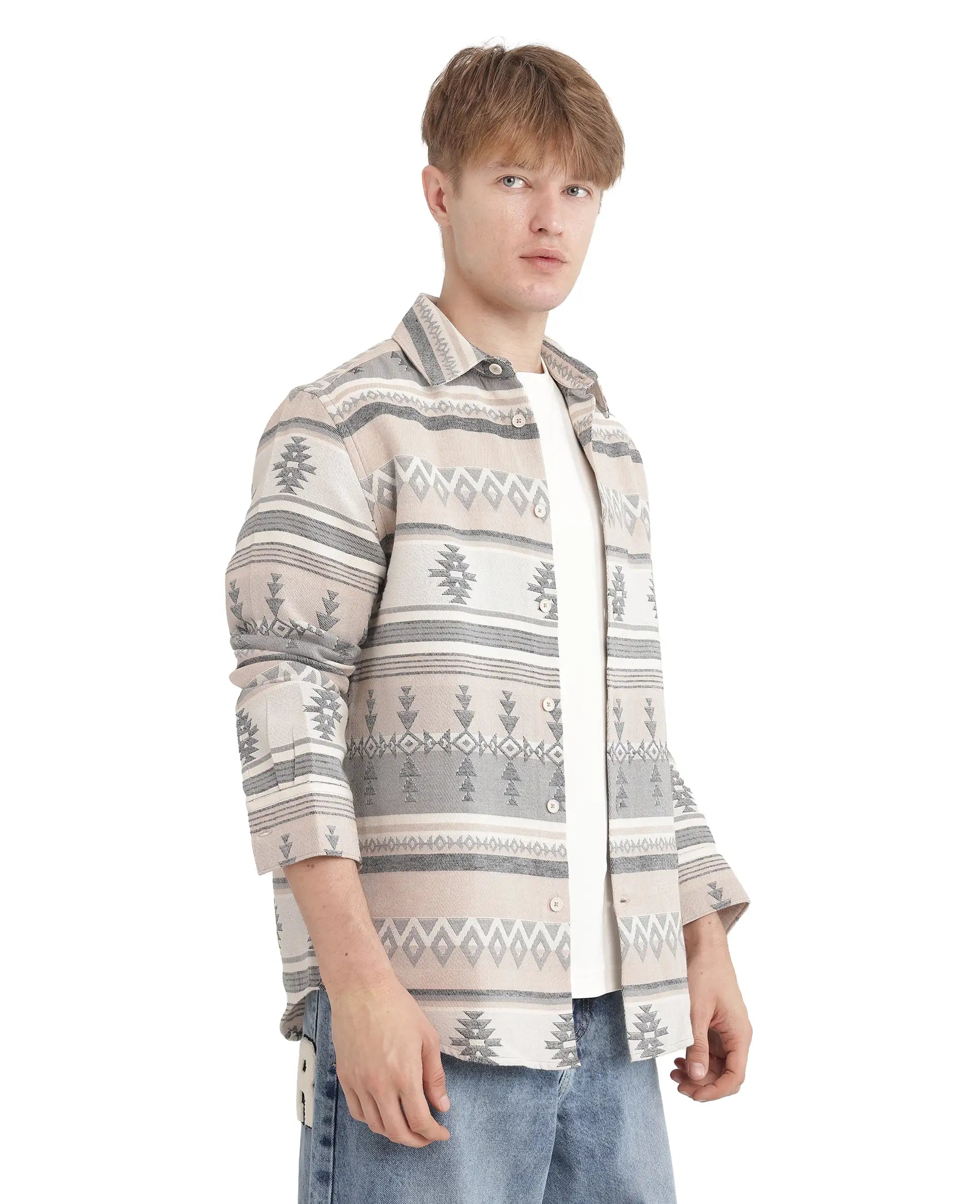 Rare Rabbit Men's Pinter Beige Cotton Blend Fabric Full Sleeve Regular Collared Button Closure Relaxed Fit Jacquard Shirt