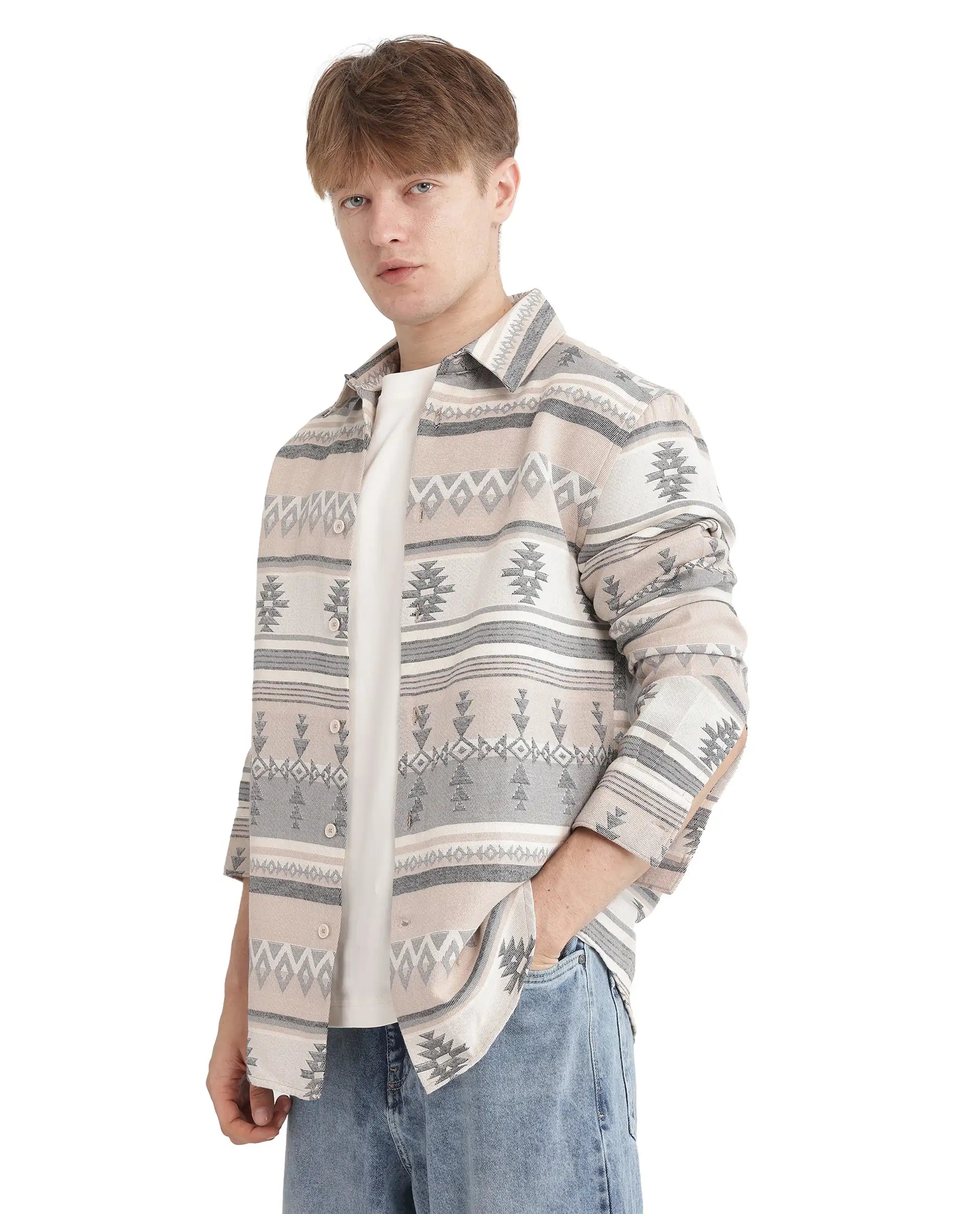 Rare Rabbit Men's Pinter Beige Cotton Blend Fabric Full Sleeve Regular Collared Button Closure Relaxed Fit Jacquard Shirt