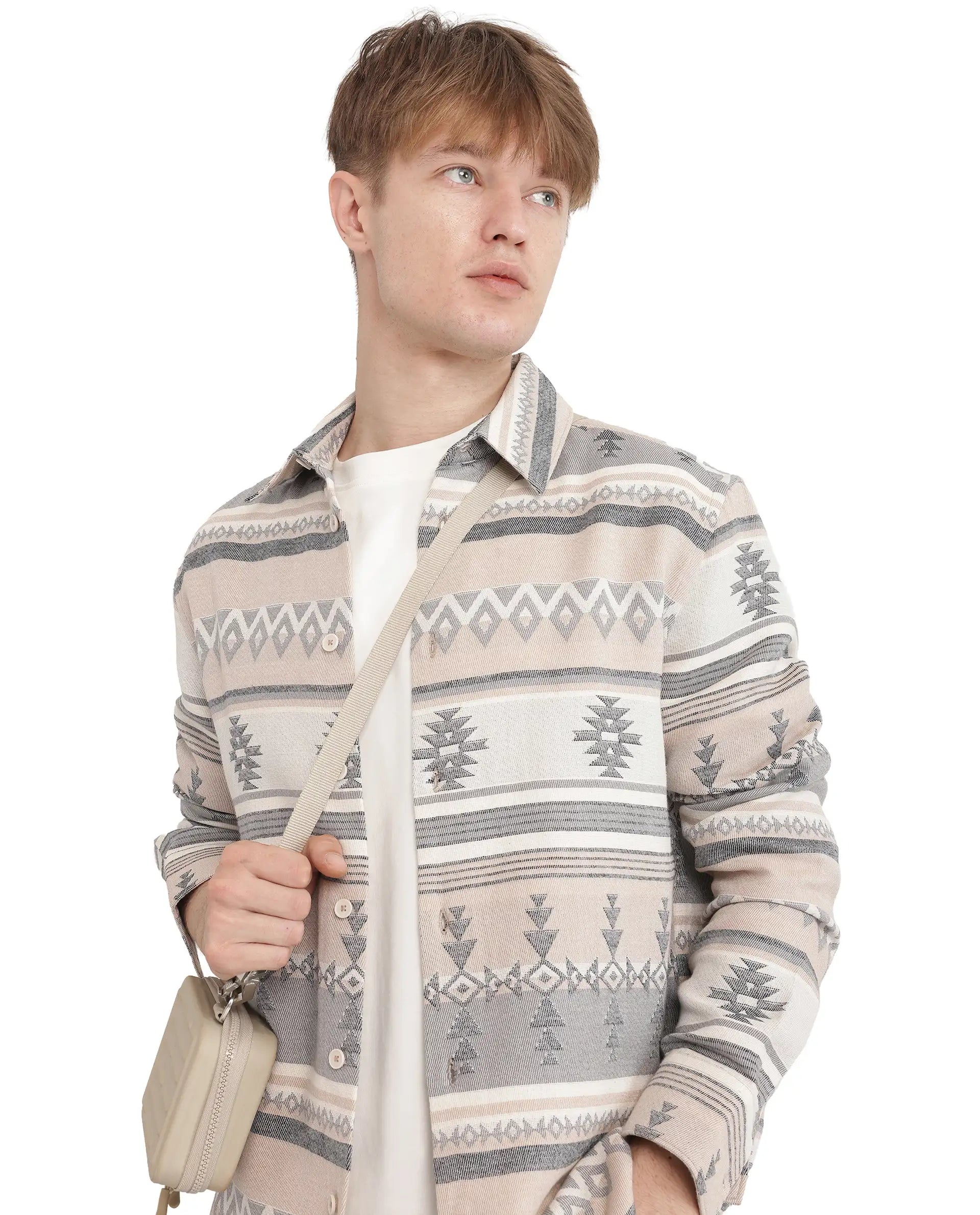 Rare Rabbit Men's Pinter Beige Cotton Blend Fabric Full Sleeve Regular Collared Button Closure Relaxed Fit Jacquard Shirt