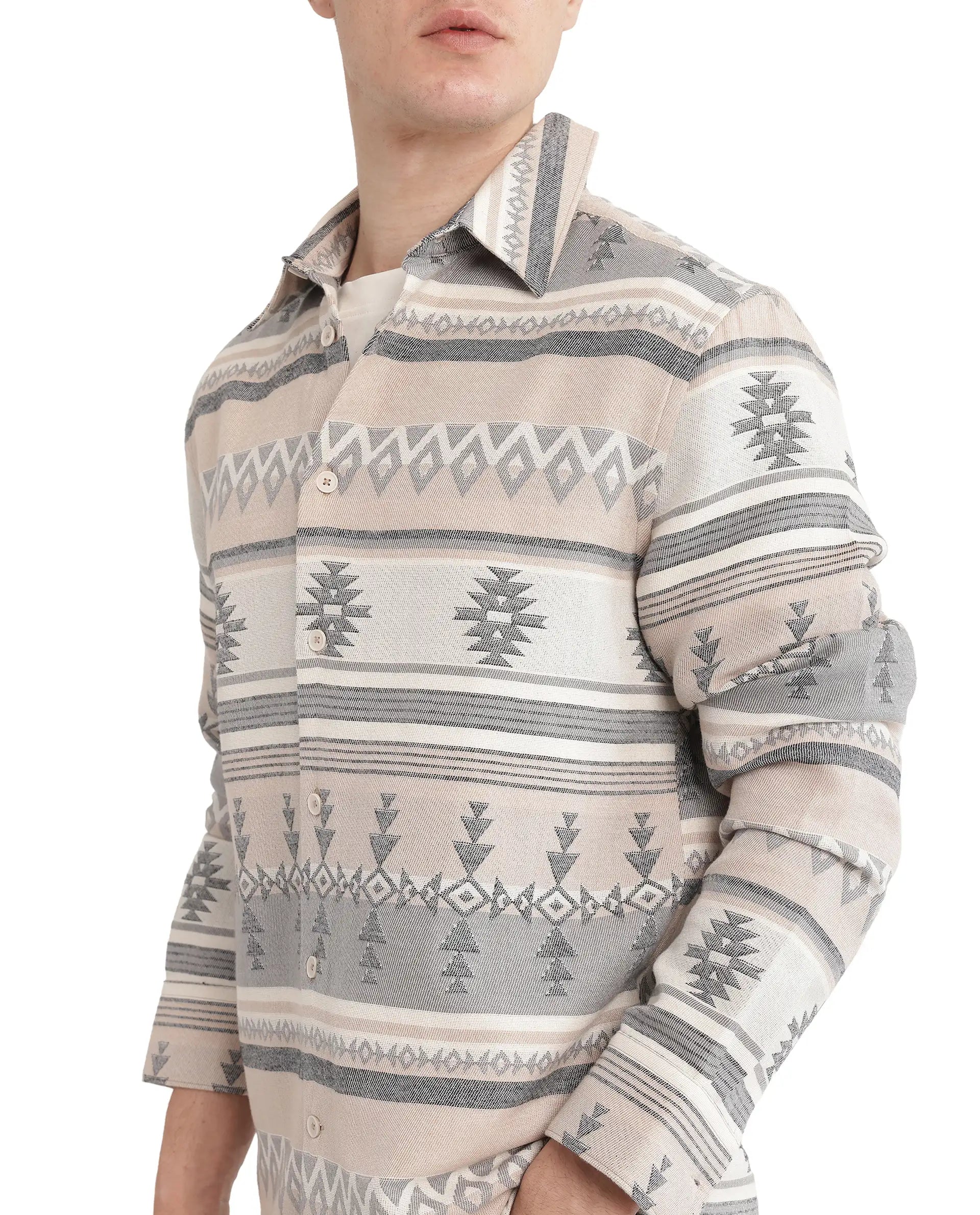 Rare Rabbit Men's Pinter Beige Cotton Blend Fabric Full Sleeve Regular Collared Button Closure Relaxed Fit Jacquard Shirt