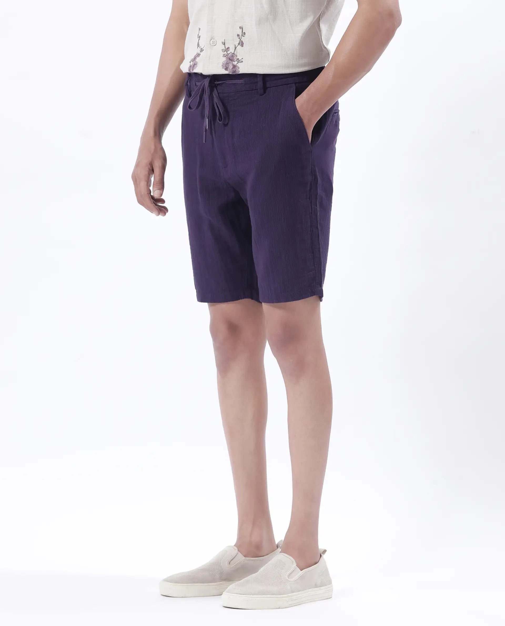 Rare Rabbit Men's Pinto-25 Purple Cotton Blend Plain Regular Fit Shorts