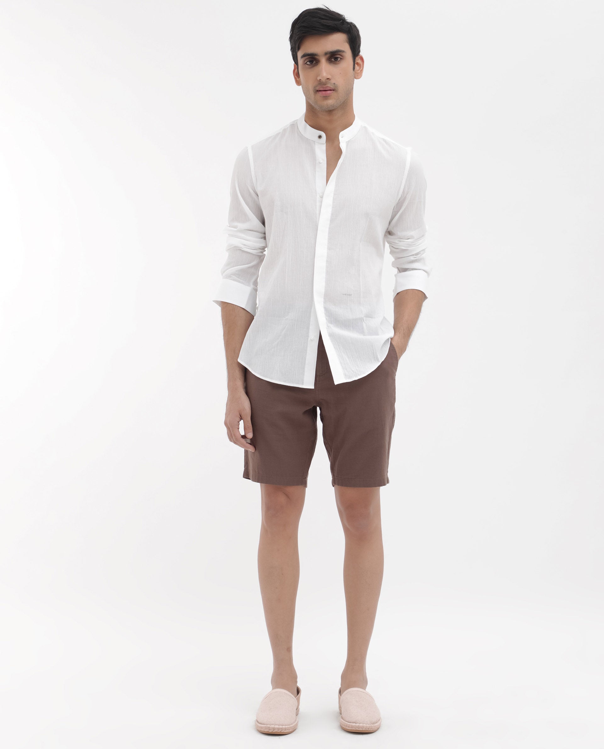 Rare Rabbit Men's Pinto Brown Cotton Fabric Knee Length Solid Shorts