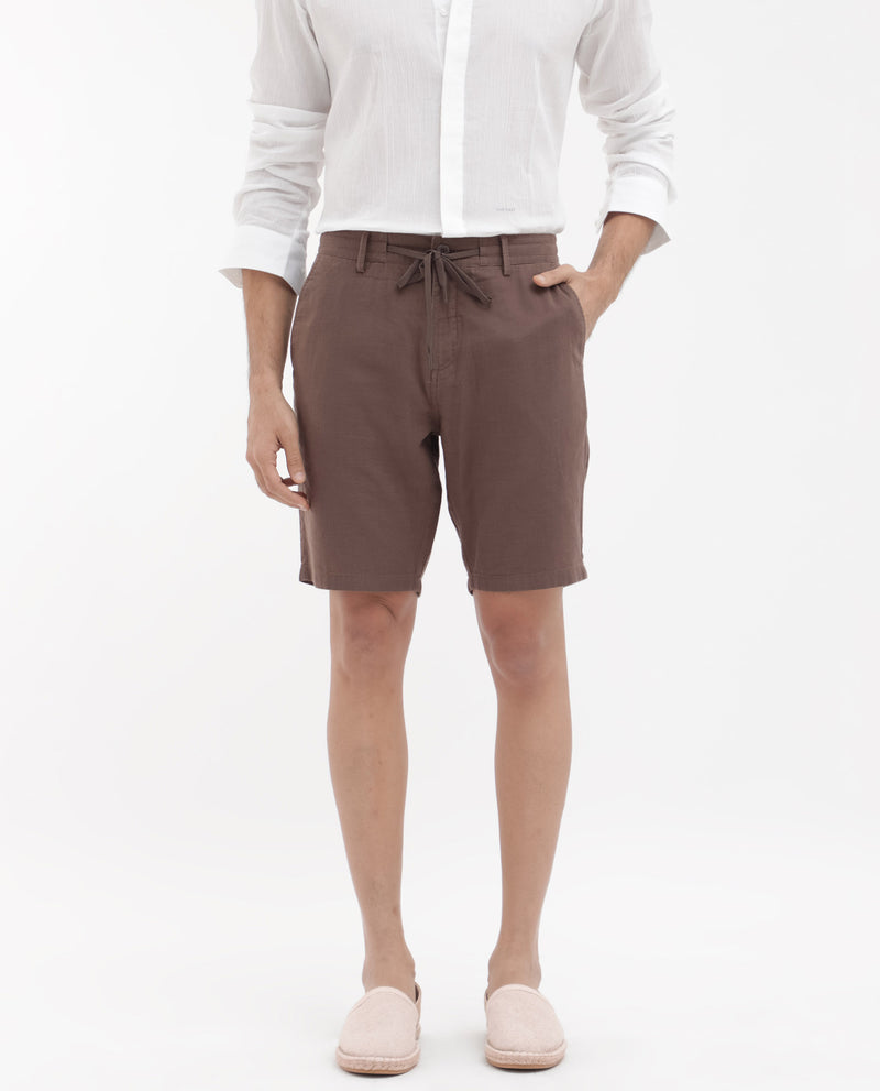 Rare Rabbit Men's Pinto Brown Cotton Fabric Knee Length Solid Shorts