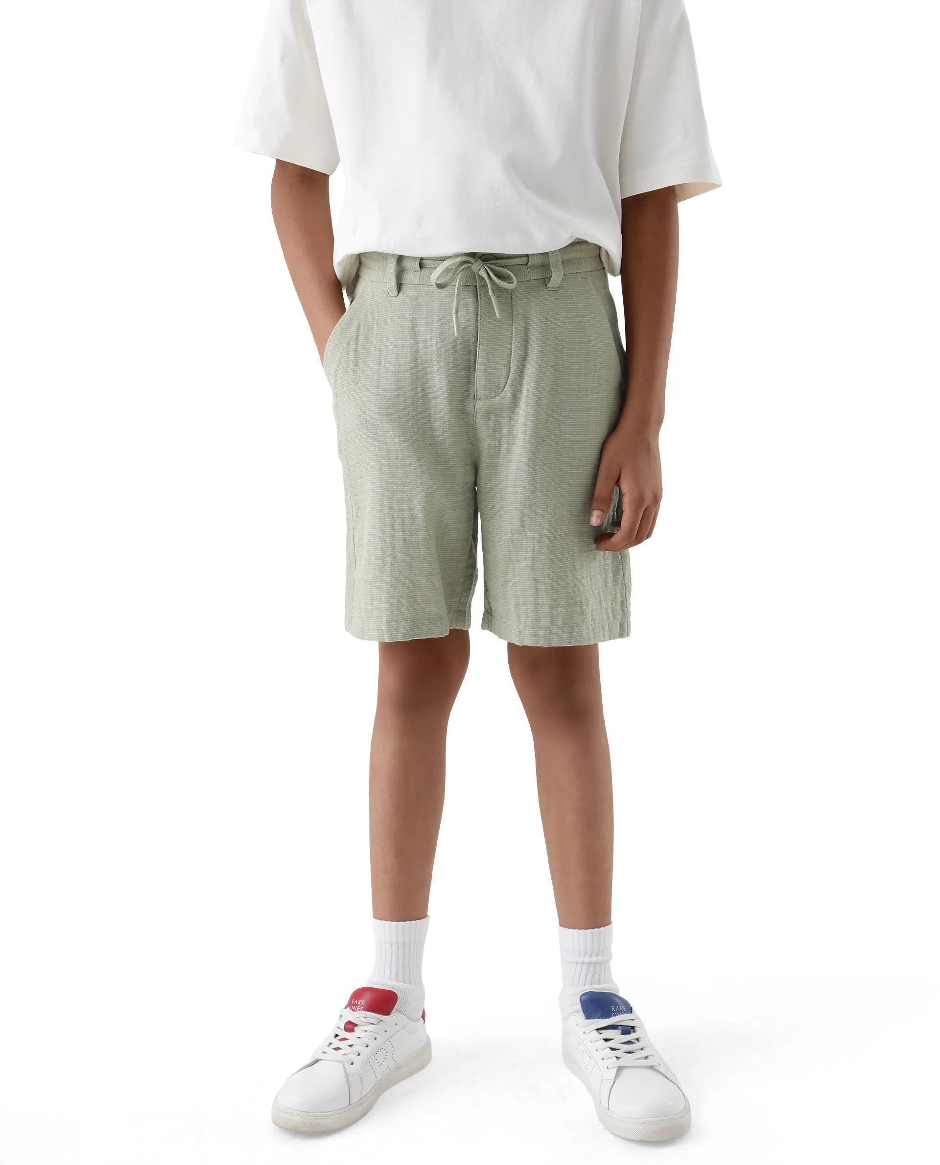 Rare Ones Kids Pinto-K Light Green Cotton Fabric Drawstring Closure Regular Fit Shorts