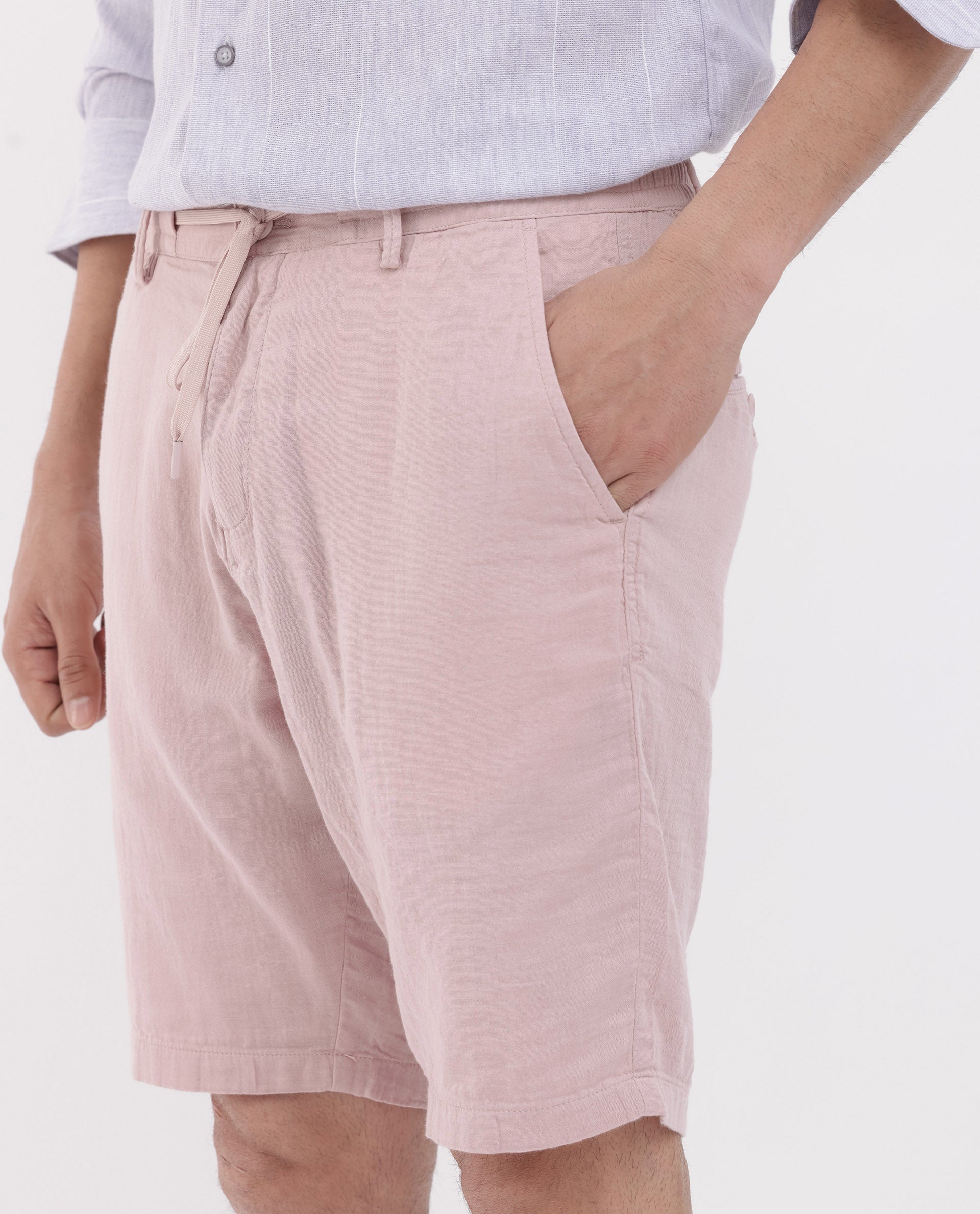 Rare Rabbit Men's Pinto Light Pink Cotton Fabric Drawstring Mid Rise Shorts