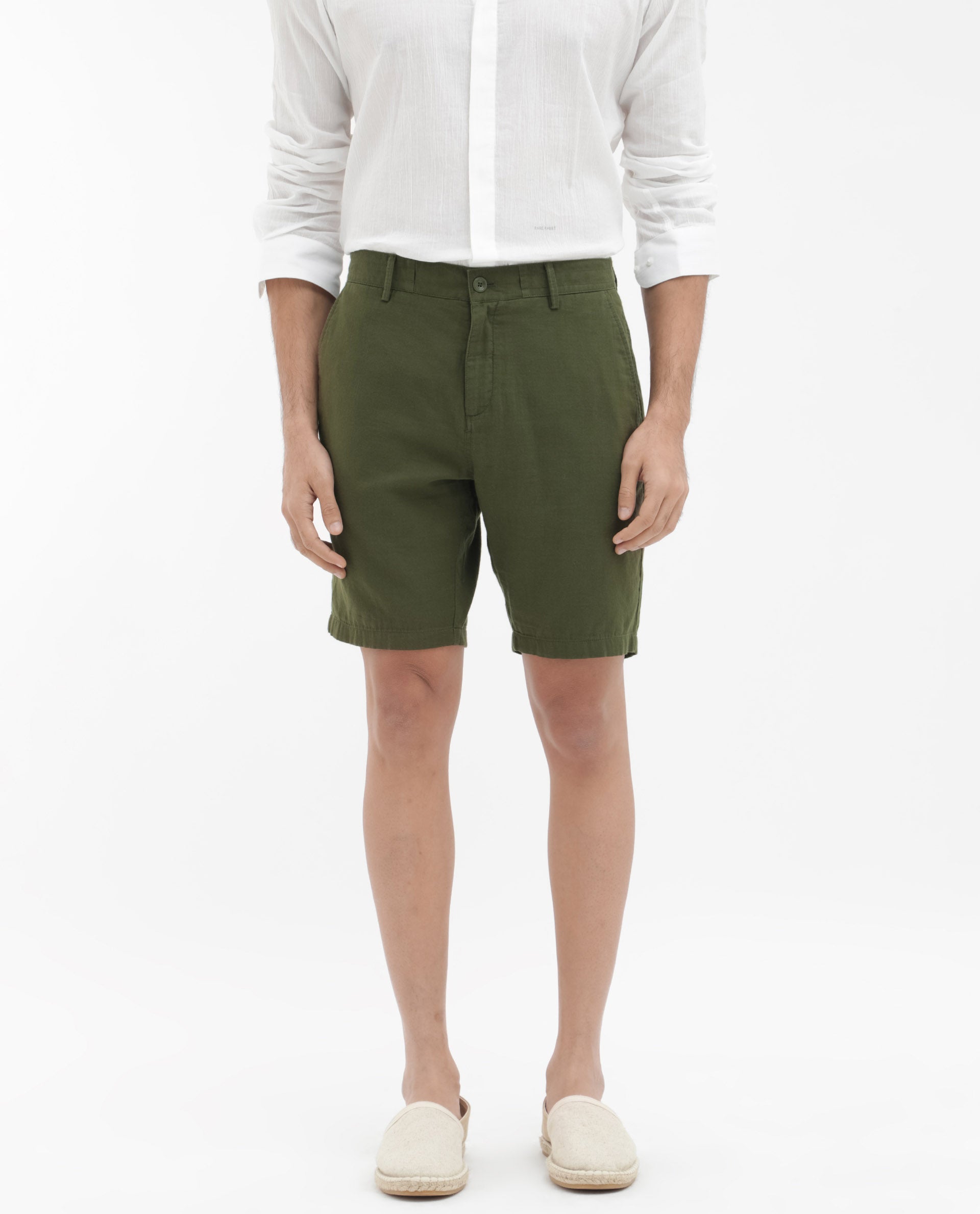 Rare Rabbit Men's Pinto Olive Cotton Plain Regular Fit Shorts