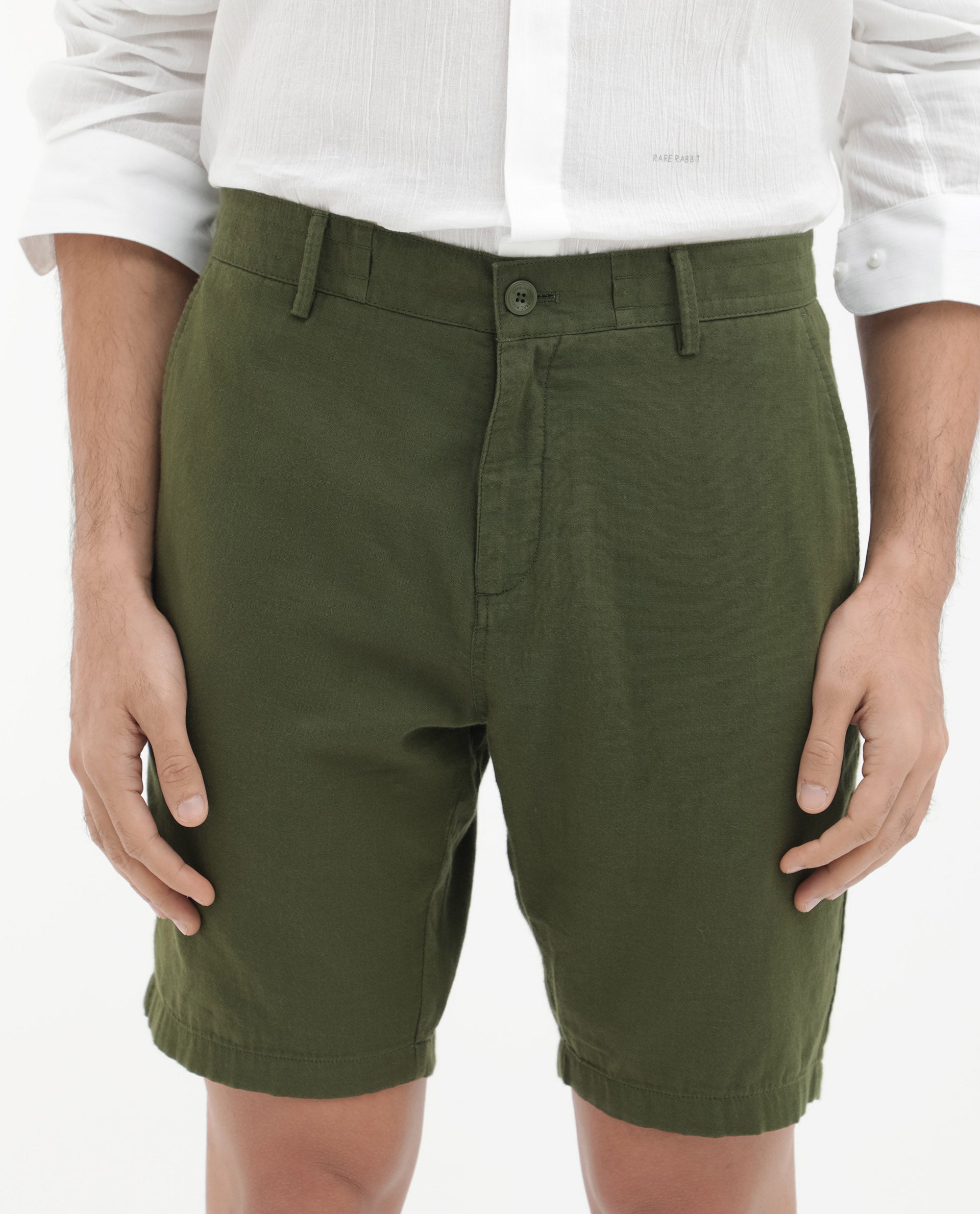 Rare Rabbit Men's Pinto Olive Cotton Fabric Knee Length Solid Shorts