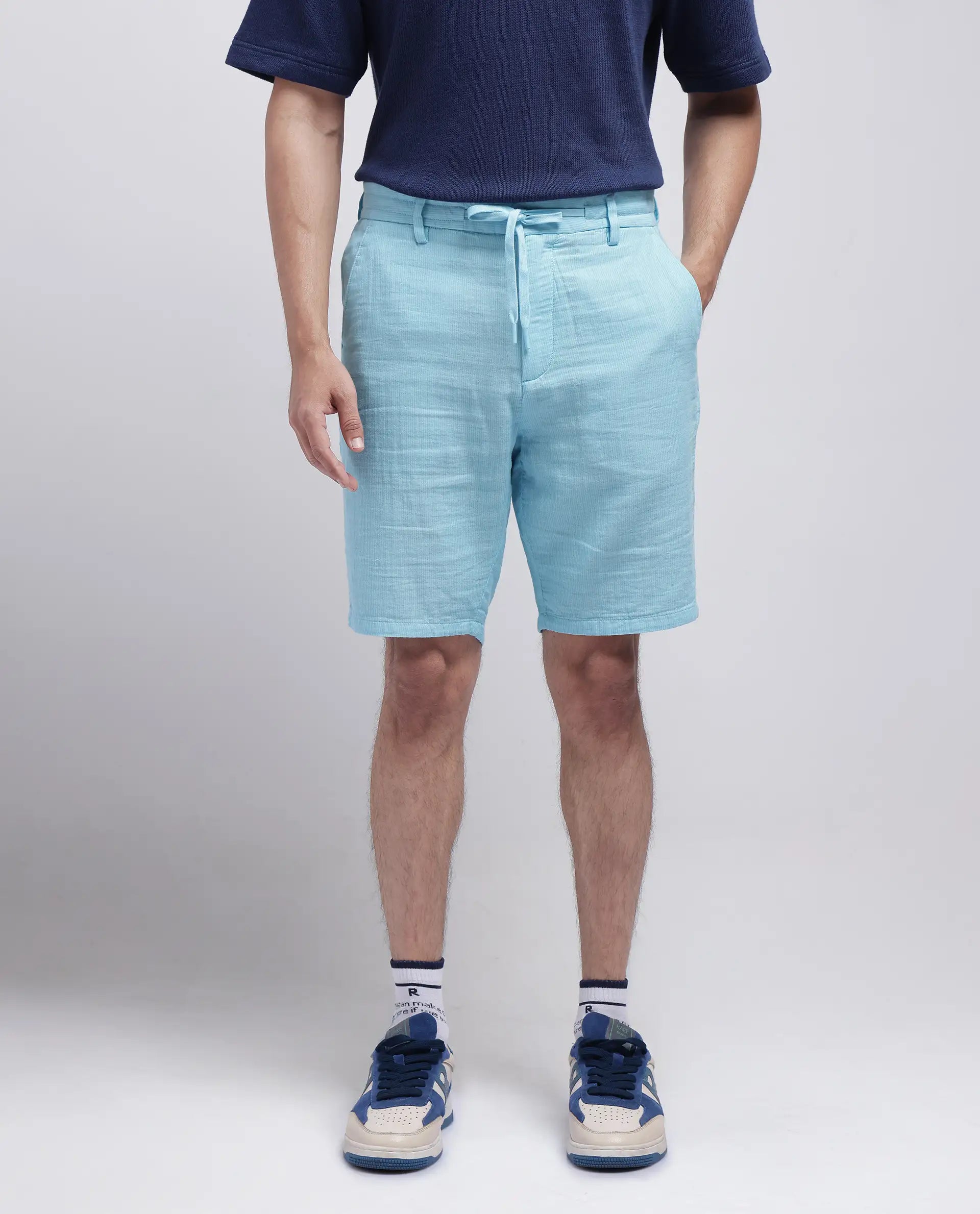 Rare Rabbit Men Pinto-25 Light Blue Cotton Fabric Drawstring Closure Knee Length Plain Shorts