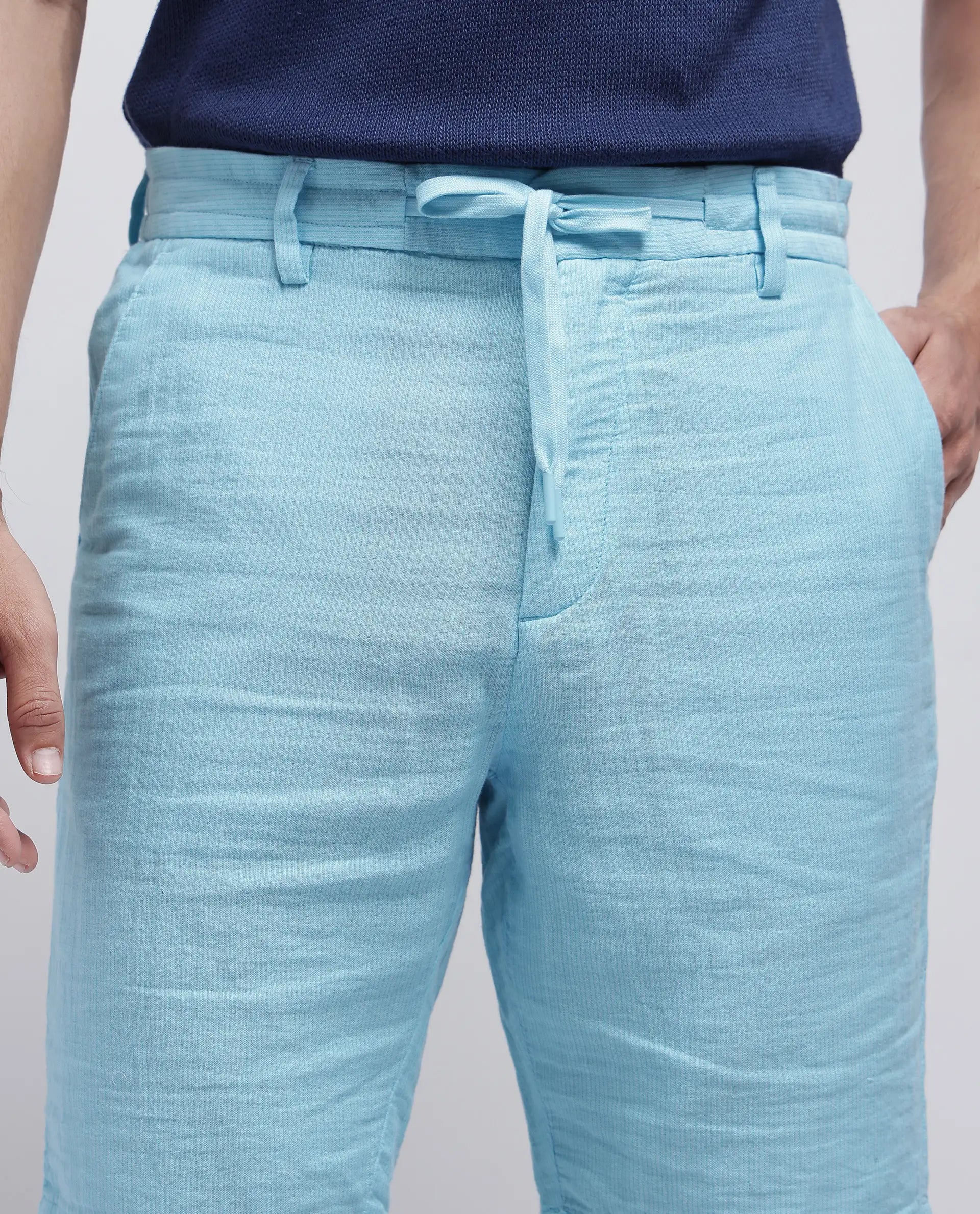 Rare Rabbit Men Pinto-25 Light Blue Cotton Fabric Drawstring Closure Knee Length Plain Shorts