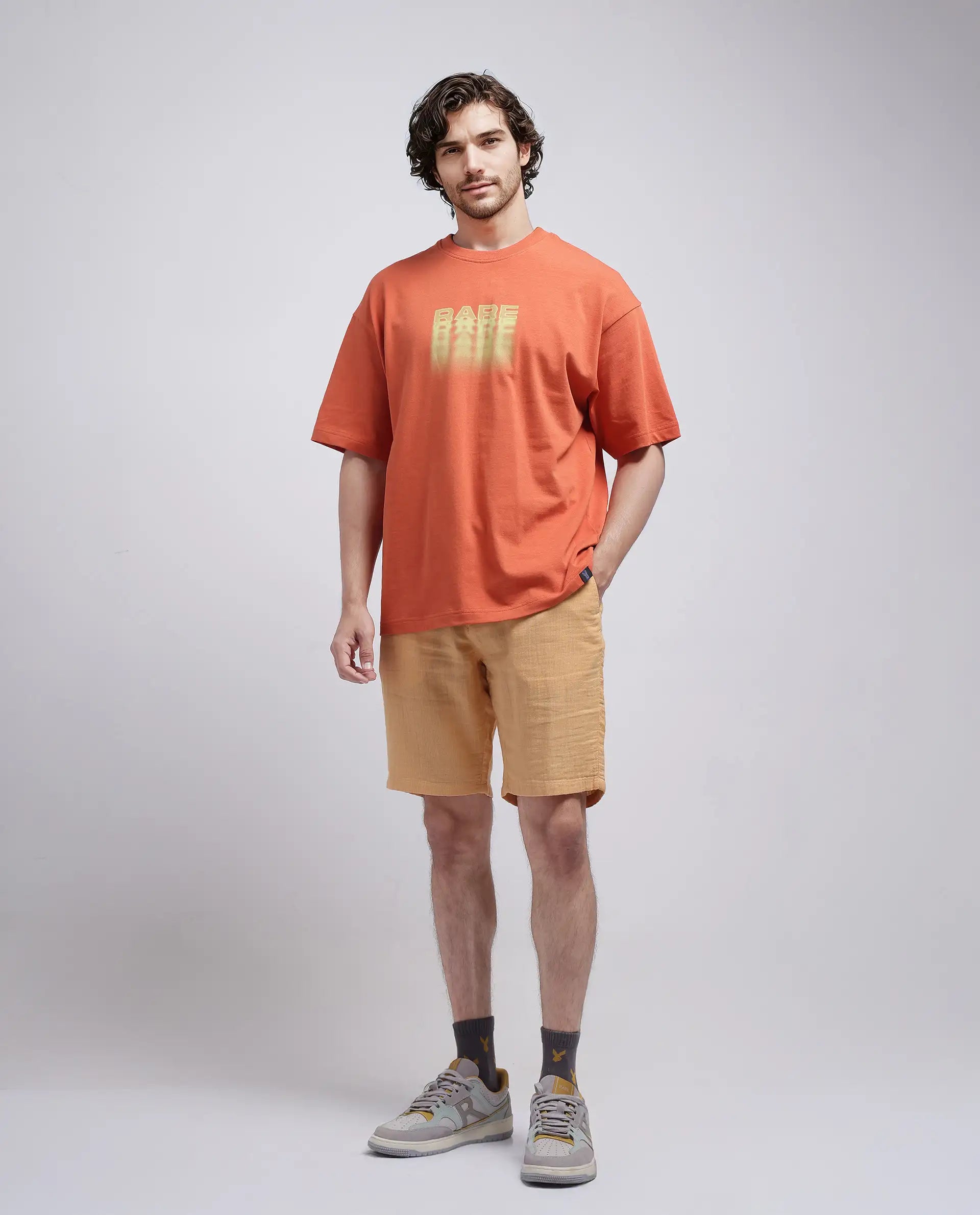 Rare Rabbit Men Pinto-25 Yellow Cotton Elastane Fabric Plain Shorts