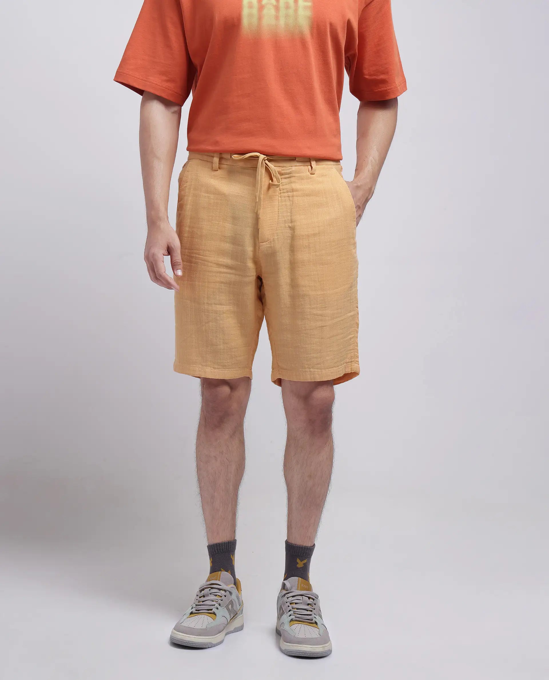 Rare Rabbit Men Pinto-25 Yellow Cotton Elastane Fabric Plain Shorts