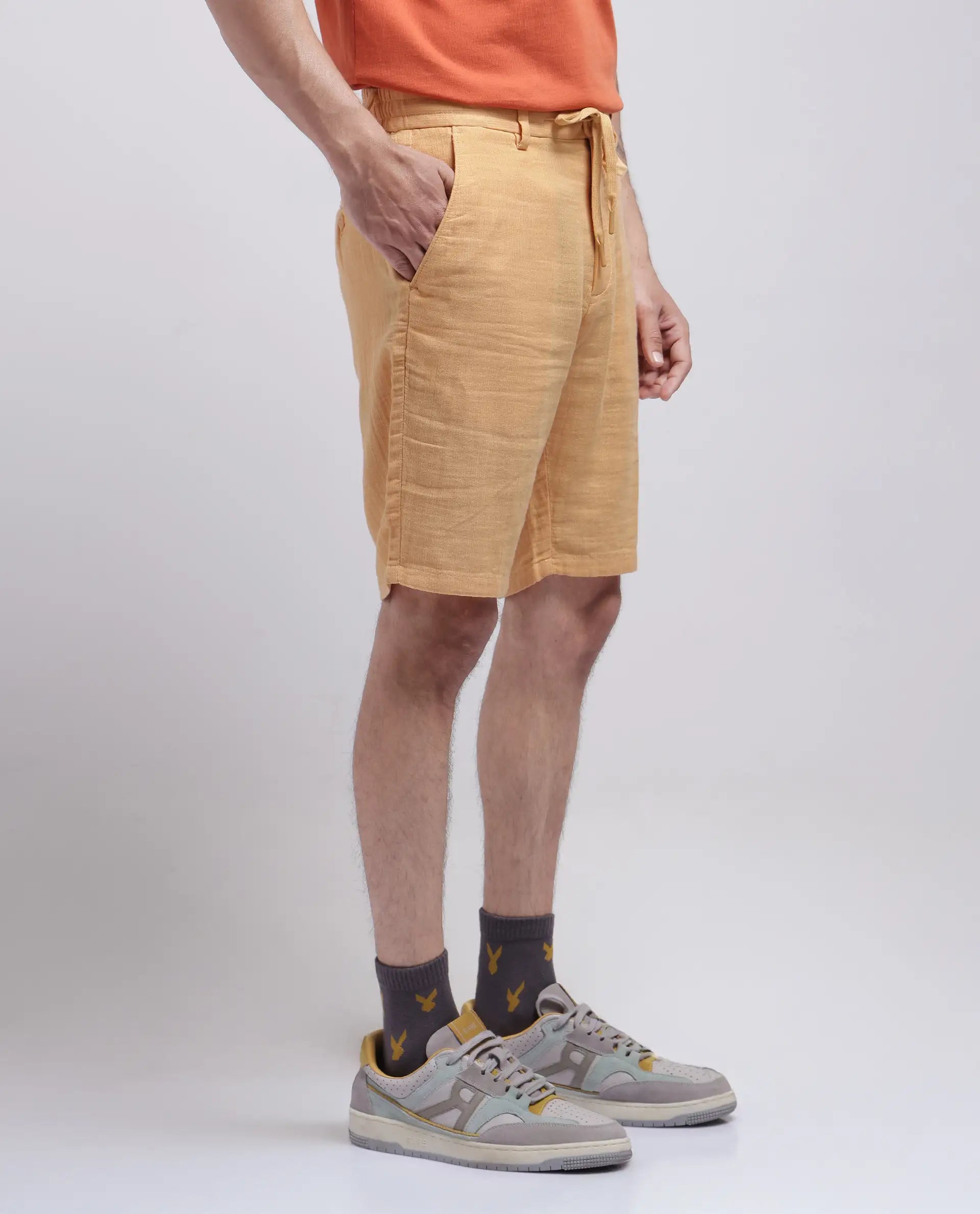 Rare Rabbit Men Pinto-25 Yellow Cotton Elastane Fabric Plain Shorts