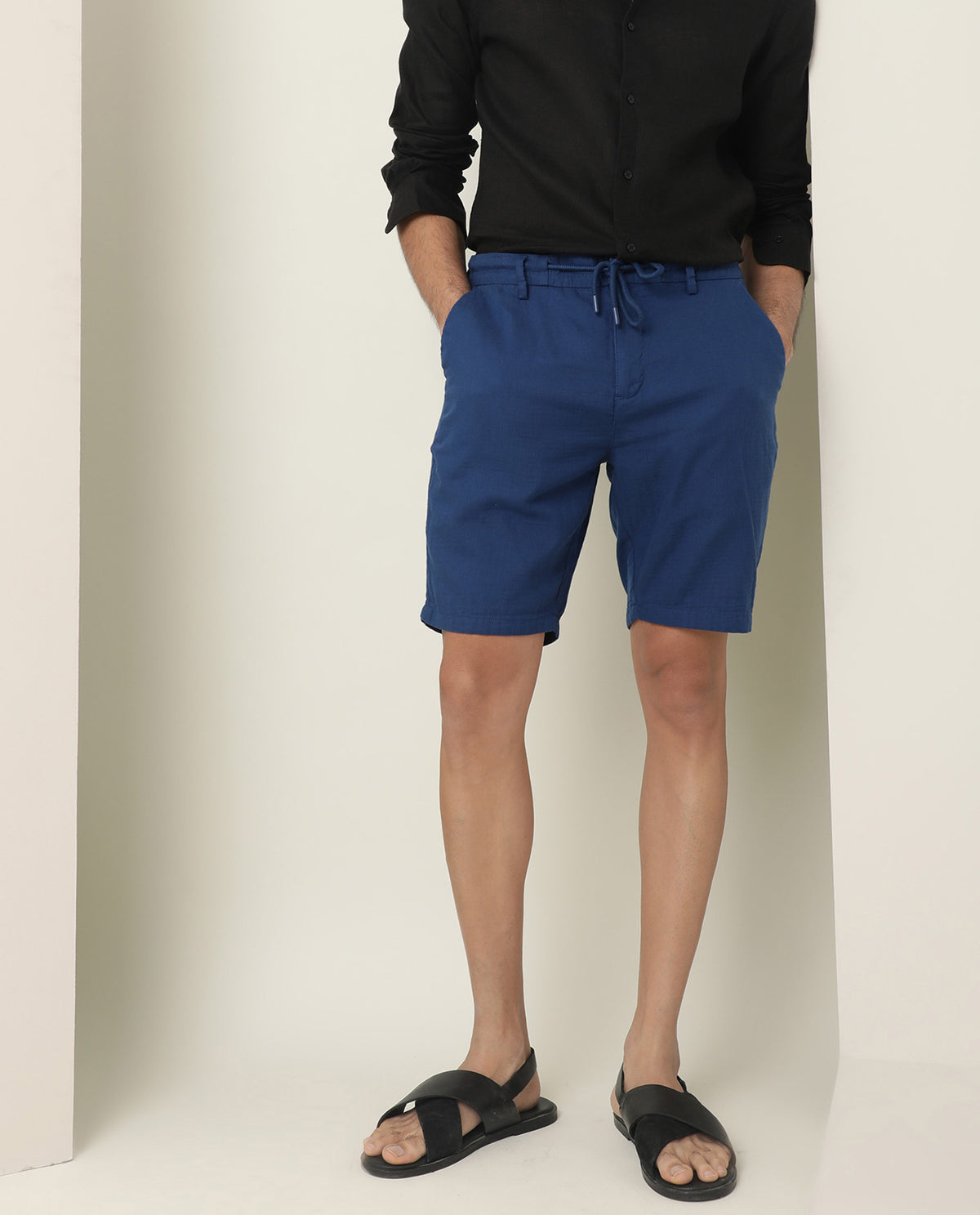 Rare Rabbit Mens Pinto Flouroscent Blue Cotton Fabric Drawstring Mid Rise Regular Fit Solid Shorts