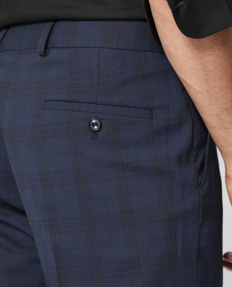 Rare Rabbit Men's Mack Dark Navy Polyester Viscose Fabric Notch Lapel Button Closure Single Breasted Dupplin Checks Suits