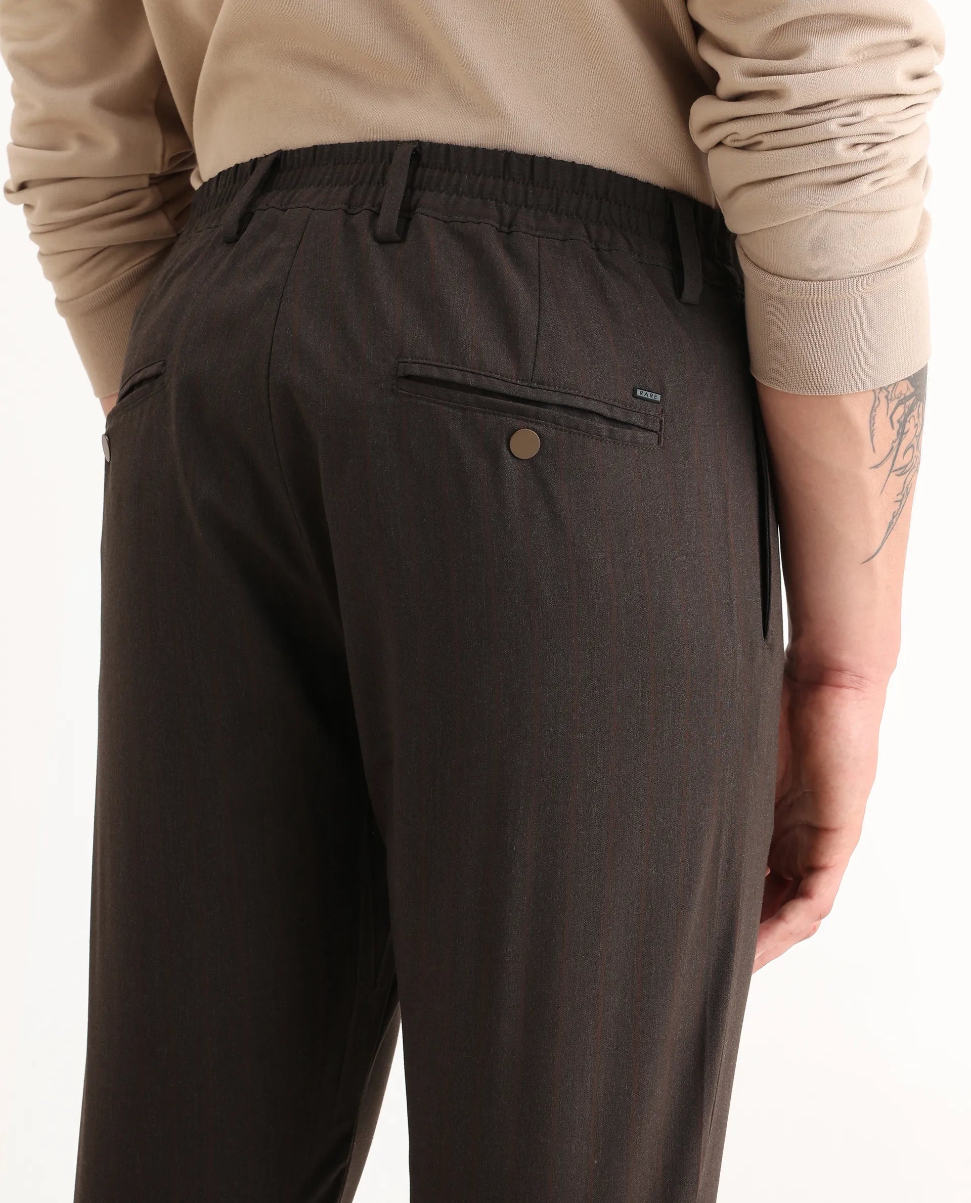 Rare Rabbit Men's Piper Brown Polyester Striped Print Regular Fit Trouser