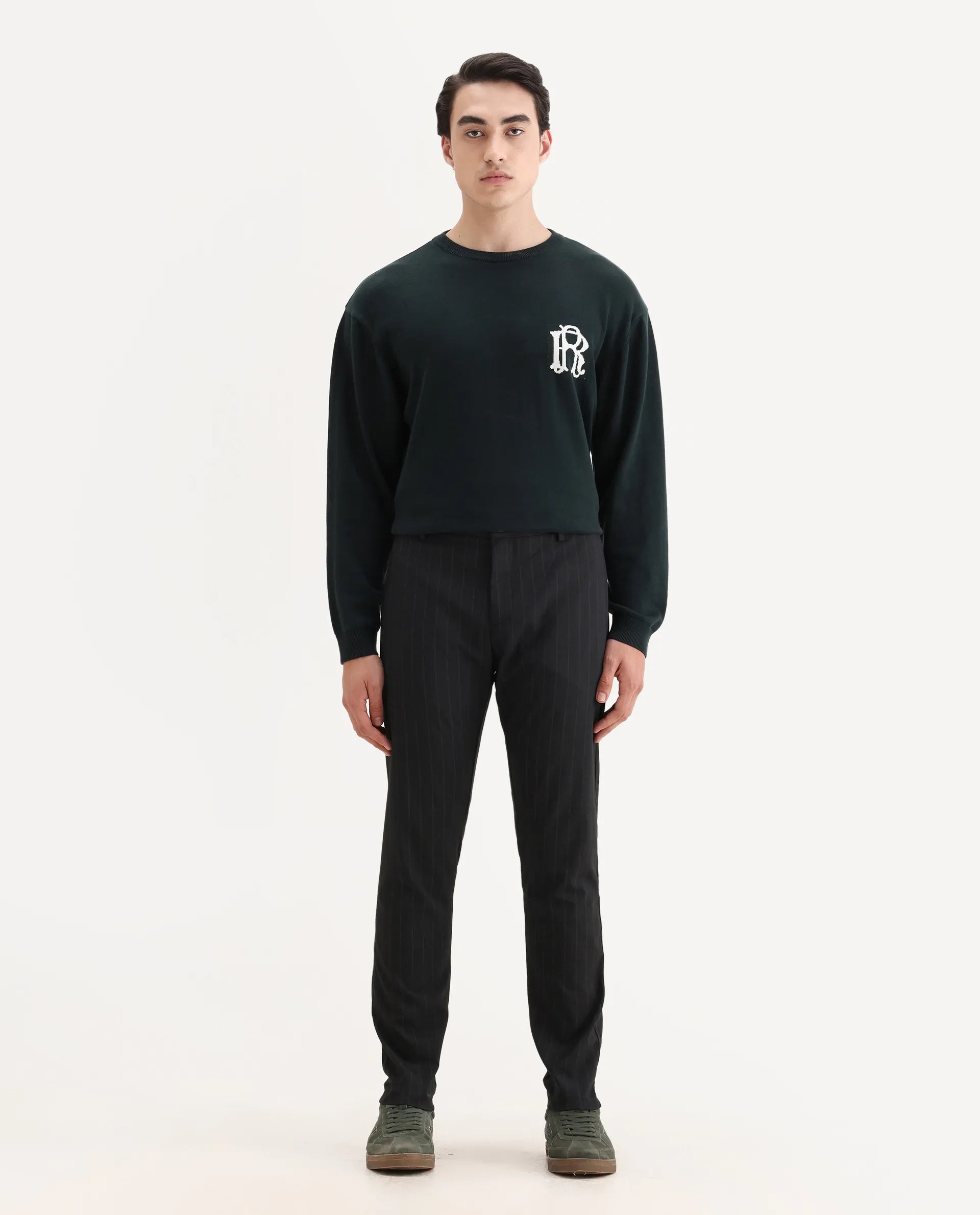 Rare Rabbit Men's Piper Navy Polyester Striped Print Regular Fit Trouser