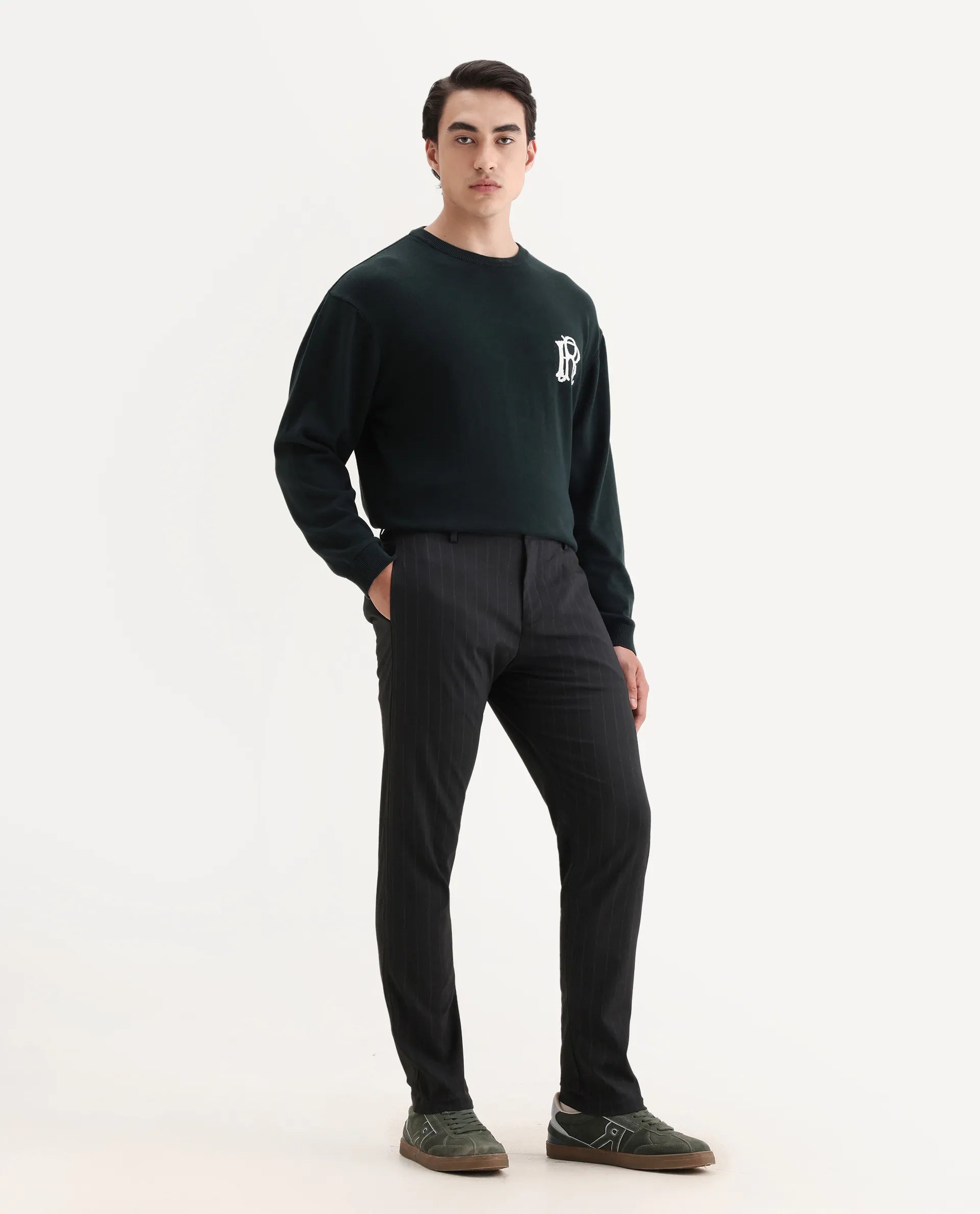 Rare Rabbit Men's Piper Navy Polyester Striped Print Regular Fit Trouser